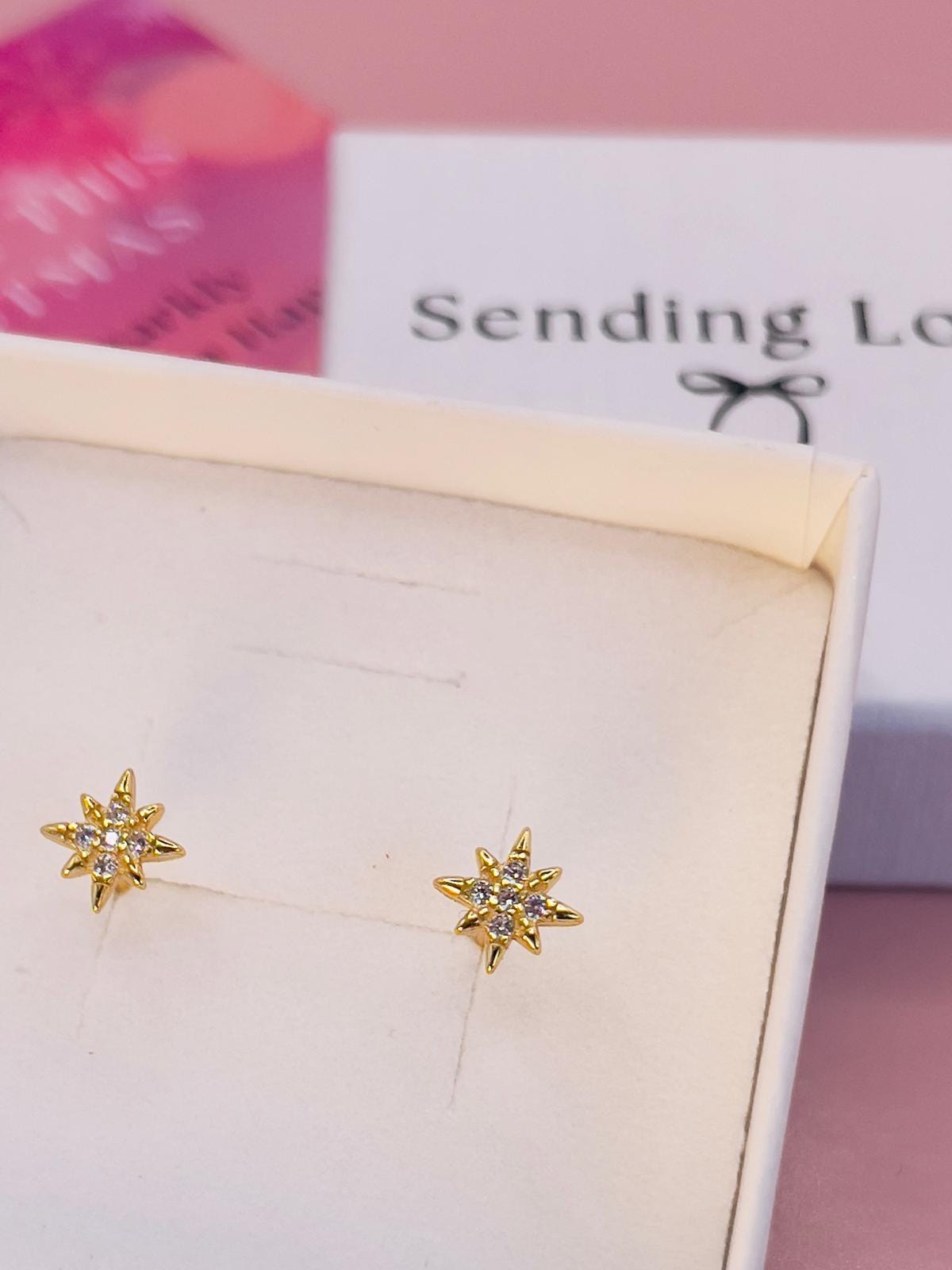 Gold Starburst Stud Earrings | Dainty CZ Earrings | Christmas Stocking Filler Gift | Secret Santa Jewellery | Everyday Gold Earrings