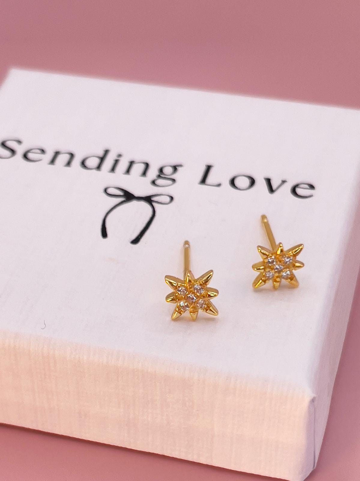 Gold Starburst Stud Earrings | Dainty CZ Earrings | Christmas Stocking Filler Gift | Secret Santa Jewellery | Everyday Gold Earrings