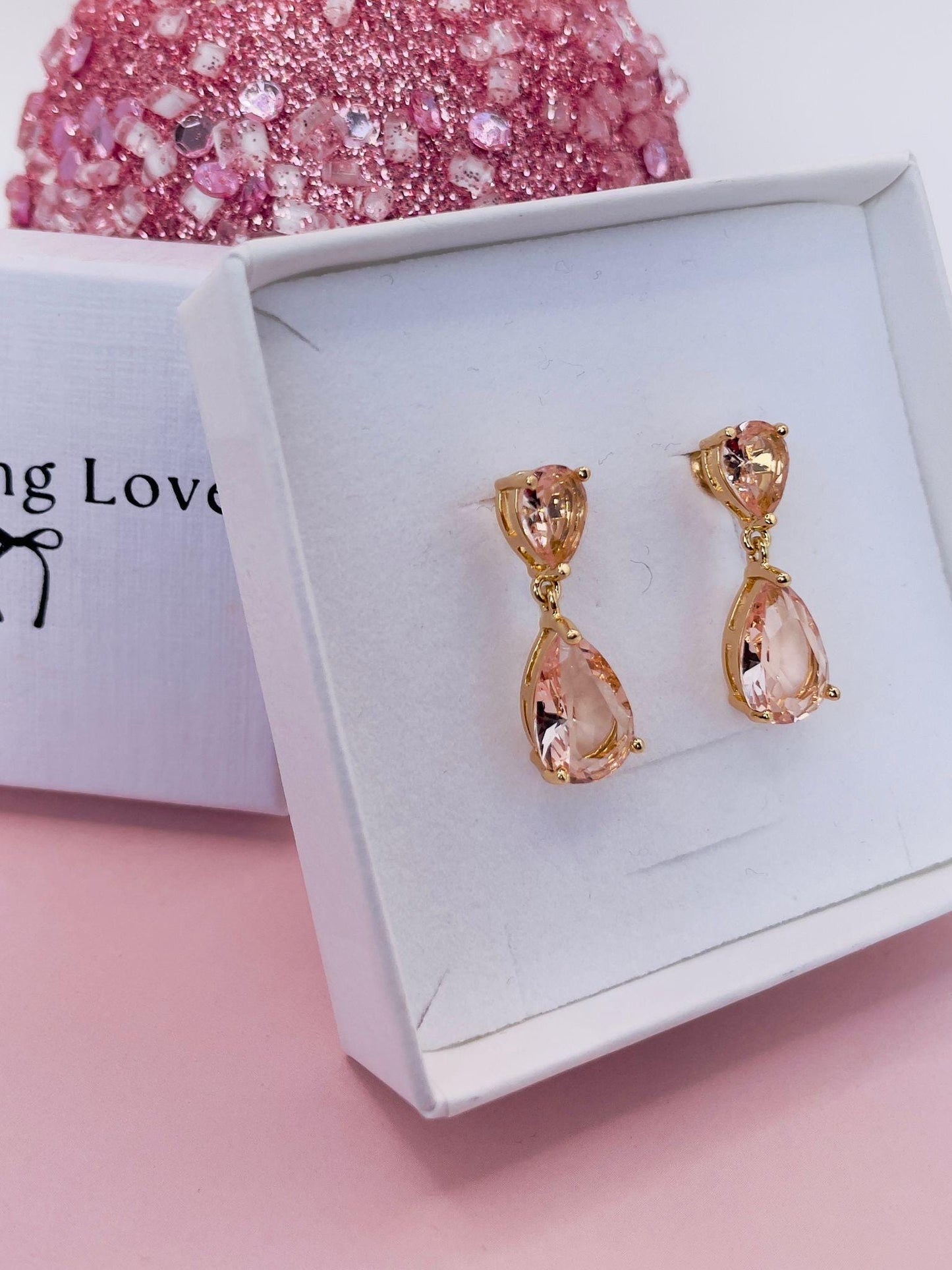 Blush Teardrop Earrings | Gold Plated Dangle Earrings | Winter Wedding Jewellery | Christmas Party Earrings | Romantic Gift for Her Under 25
