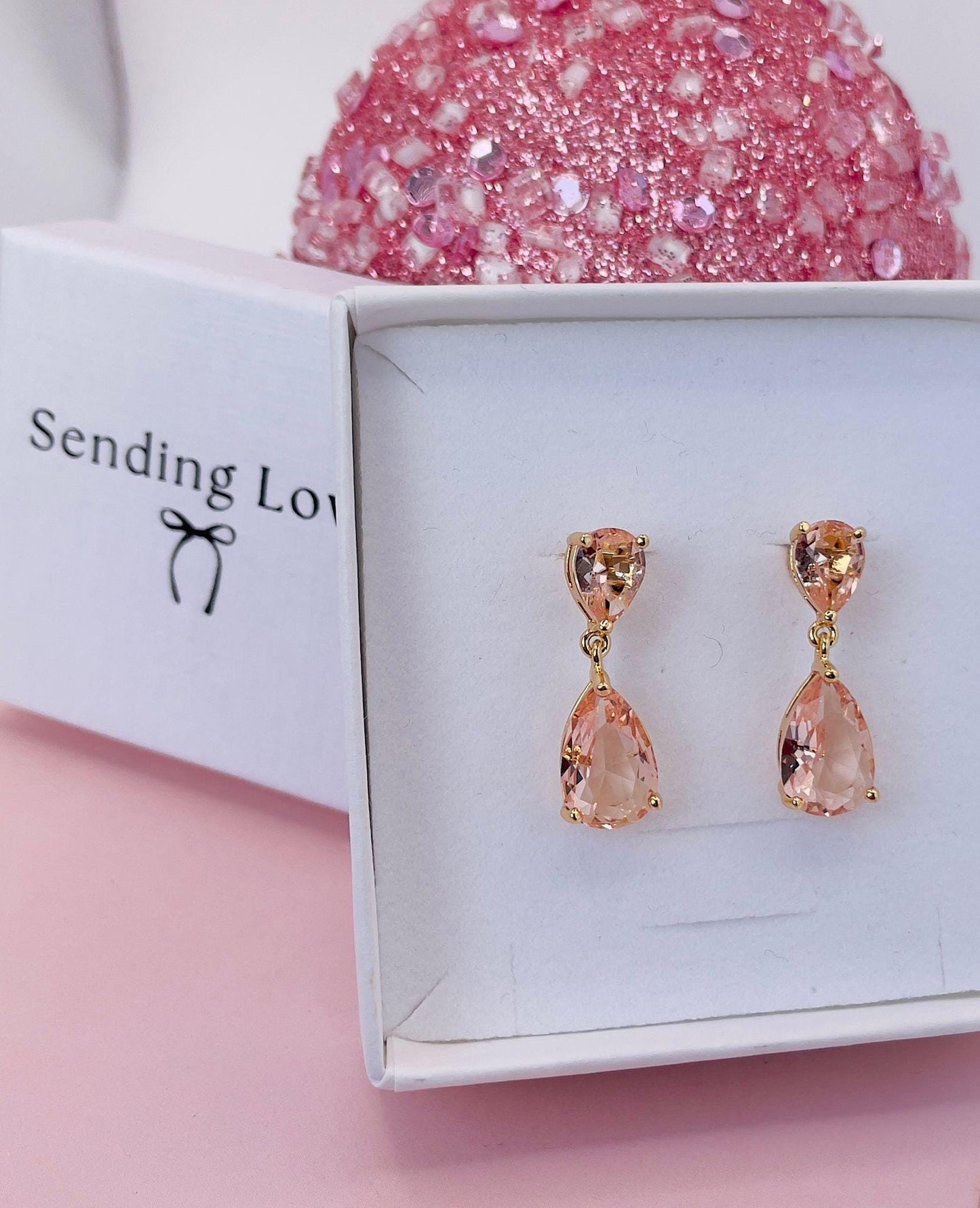 Blush Teardrop Earrings | Gold Plated Dangle Earrings | Winter Wedding Jewellery | Christmas Party Earrings | Romantic Gift for Her Under 25