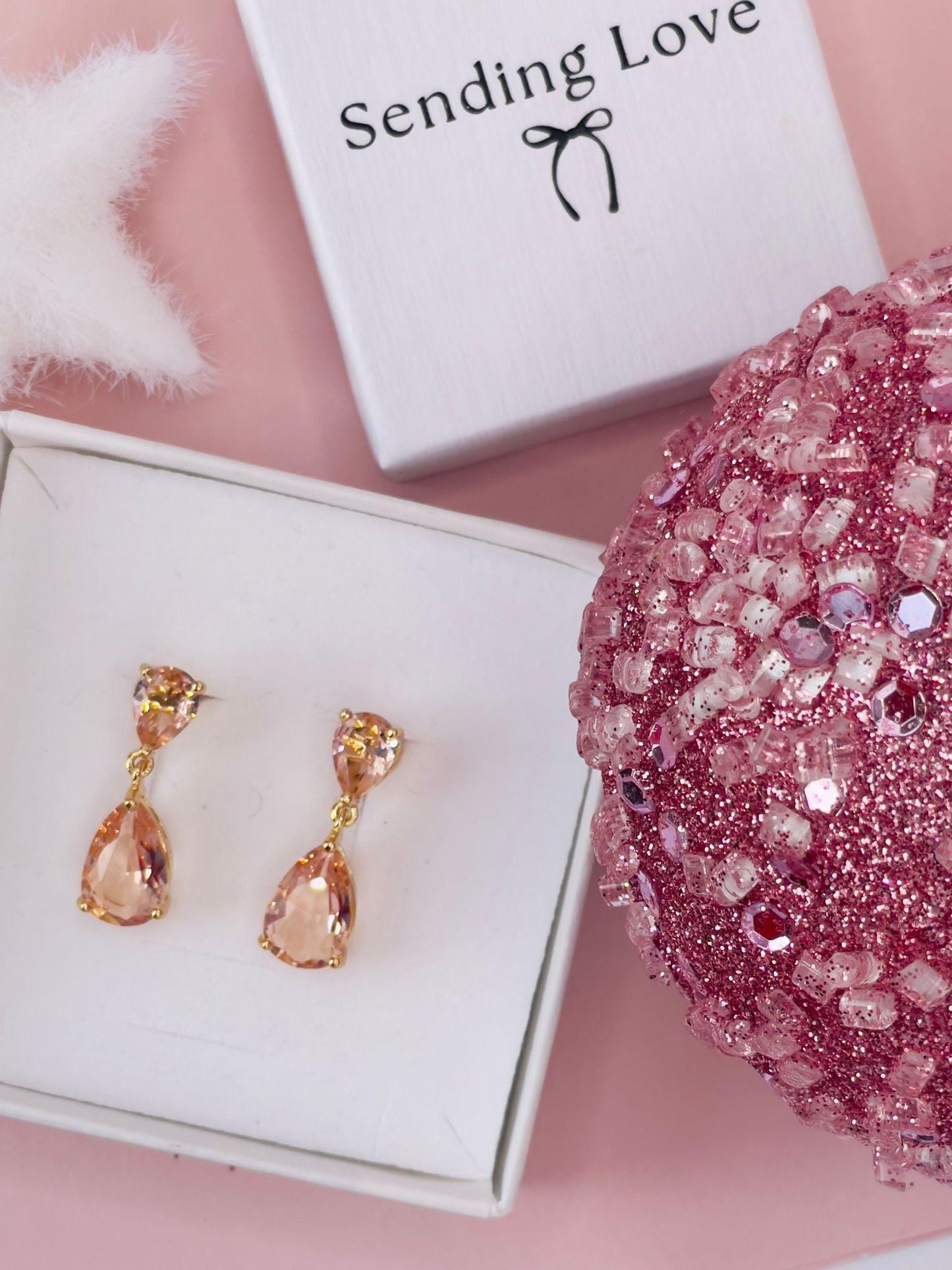 Blush Teardrop Earrings | Gold Plated Dangle Earrings | Winter Wedding Jewellery | Christmas Party Earrings | Romantic Gift for Her Under 25