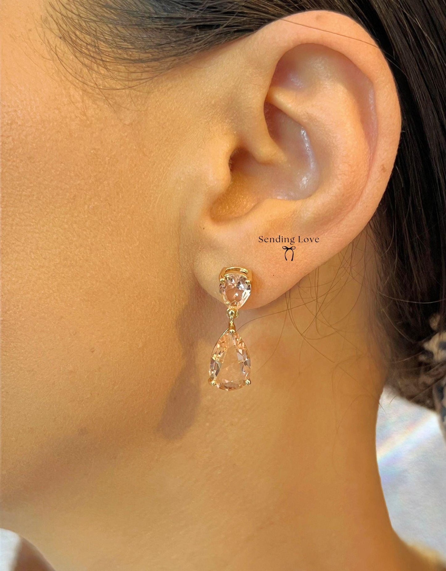 Blush Teardrop Earrings | Gold Plated Dangle Earrings | Winter Wedding Jewellery | Christmas Party Earrings | Romantic Gift for Her Under 25