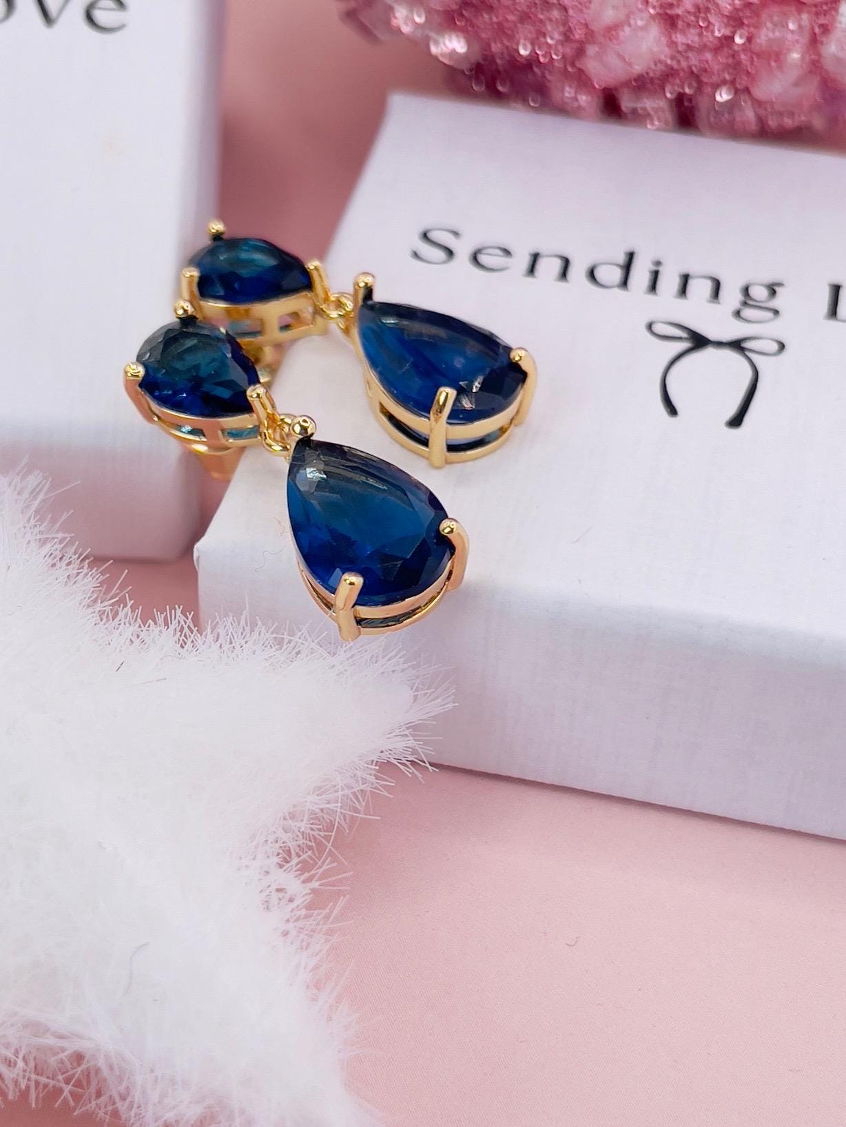 Sapphire Teardrop Earrings | Gold Plated Dangle Earrings | Statement Party Jewellery | Christmas Gift for Her | Sparkling Earrings