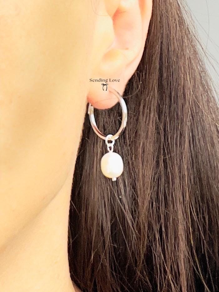 Freshwater Pearl Hoop Earrings | Gold or Silver 925 Silver Hoops | Real Pearl Earrings Under 20 | Bridesmaid Jewellery | Christmas Gift for