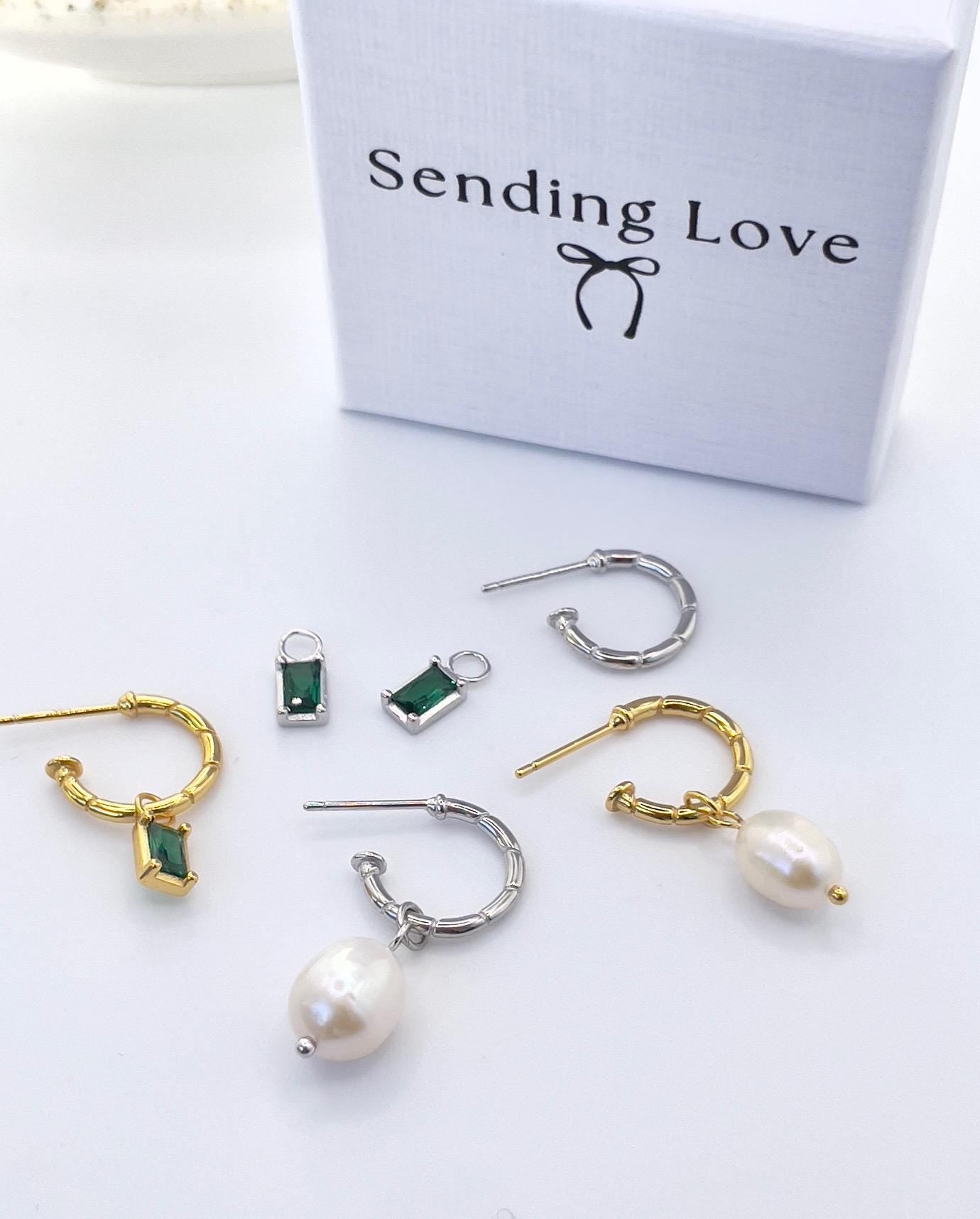 Emerald Charm Hoop Earrings | Gold or Silver Hoops | Christmas Party Jewellery Gift | May Birthstone Earrings | Stocking Filler Under 25