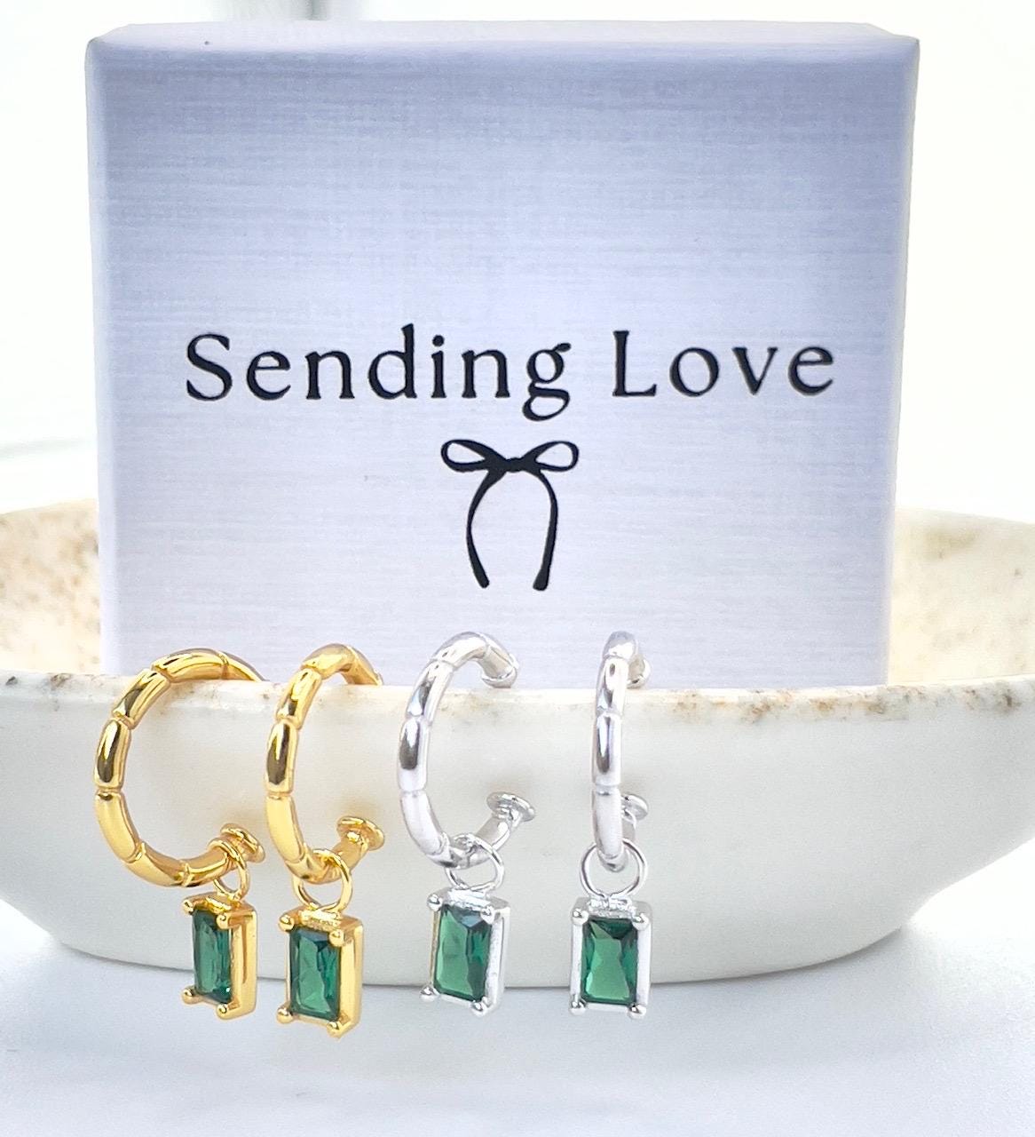 Emerald Charm Hoop Earrings | Gold or Silver Hoops | Christmas Party Jewellery Gift | May Birthstone Earrings | Stocking Filler Under 25