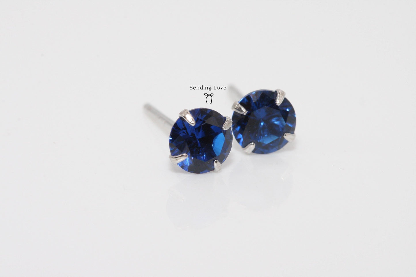 Sapphire CZ Stud Earrings: 925 Silver, September Birthstone