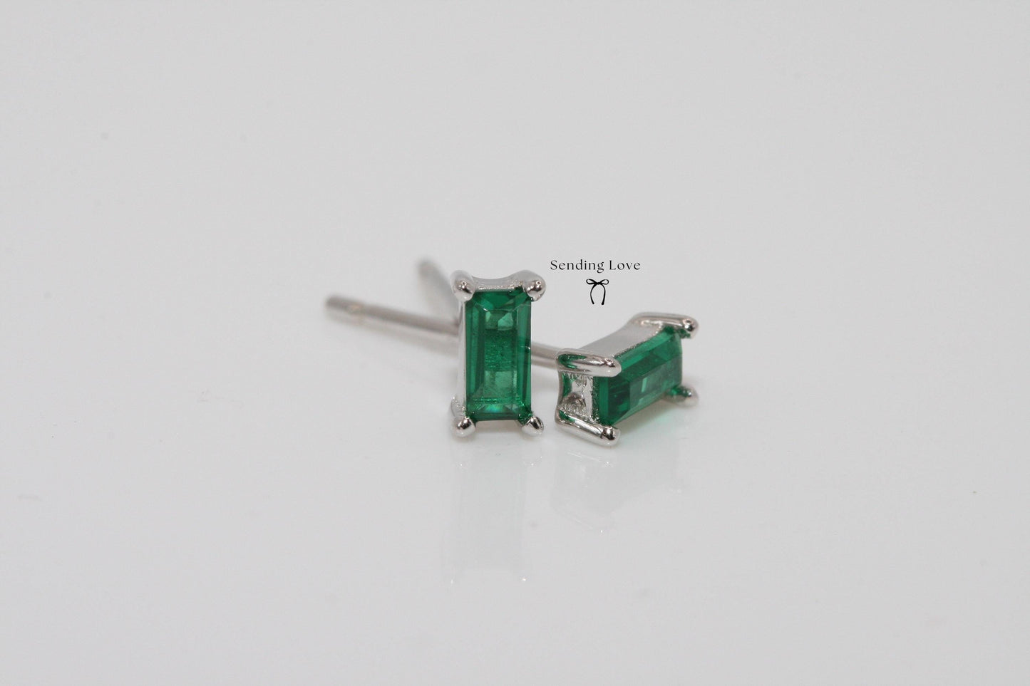 Dainty Emerald Stud Earrings: 925 Silver, 18k Gold Plated