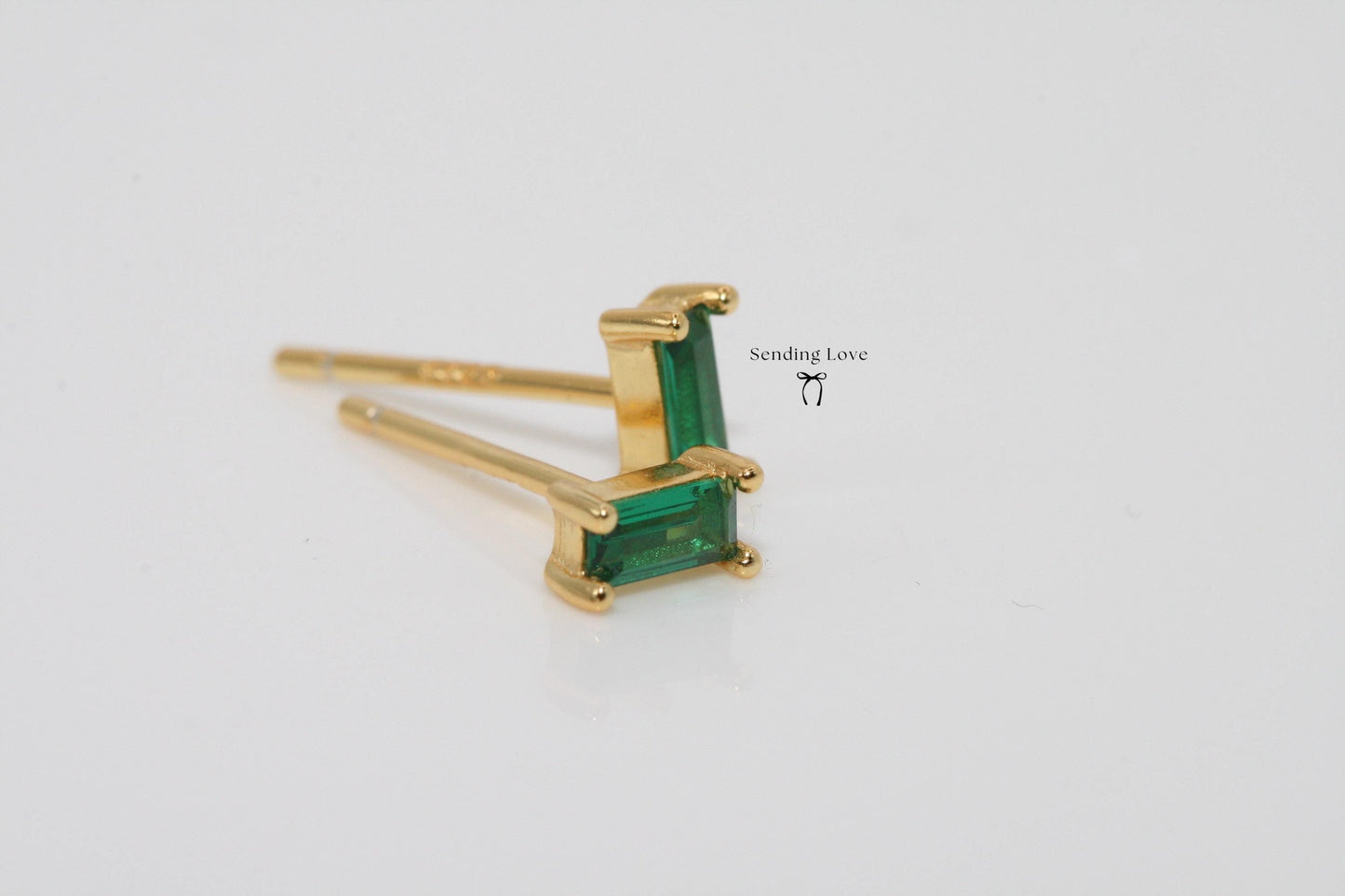 Dainty Emerald Stud Earrings: 925 Silver, 18k Gold Plated