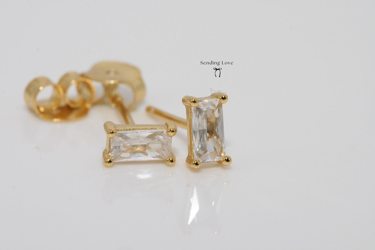 Gold Plated Rectangle Stud Earrings: 925 Silver Base, Cubic Zirconia