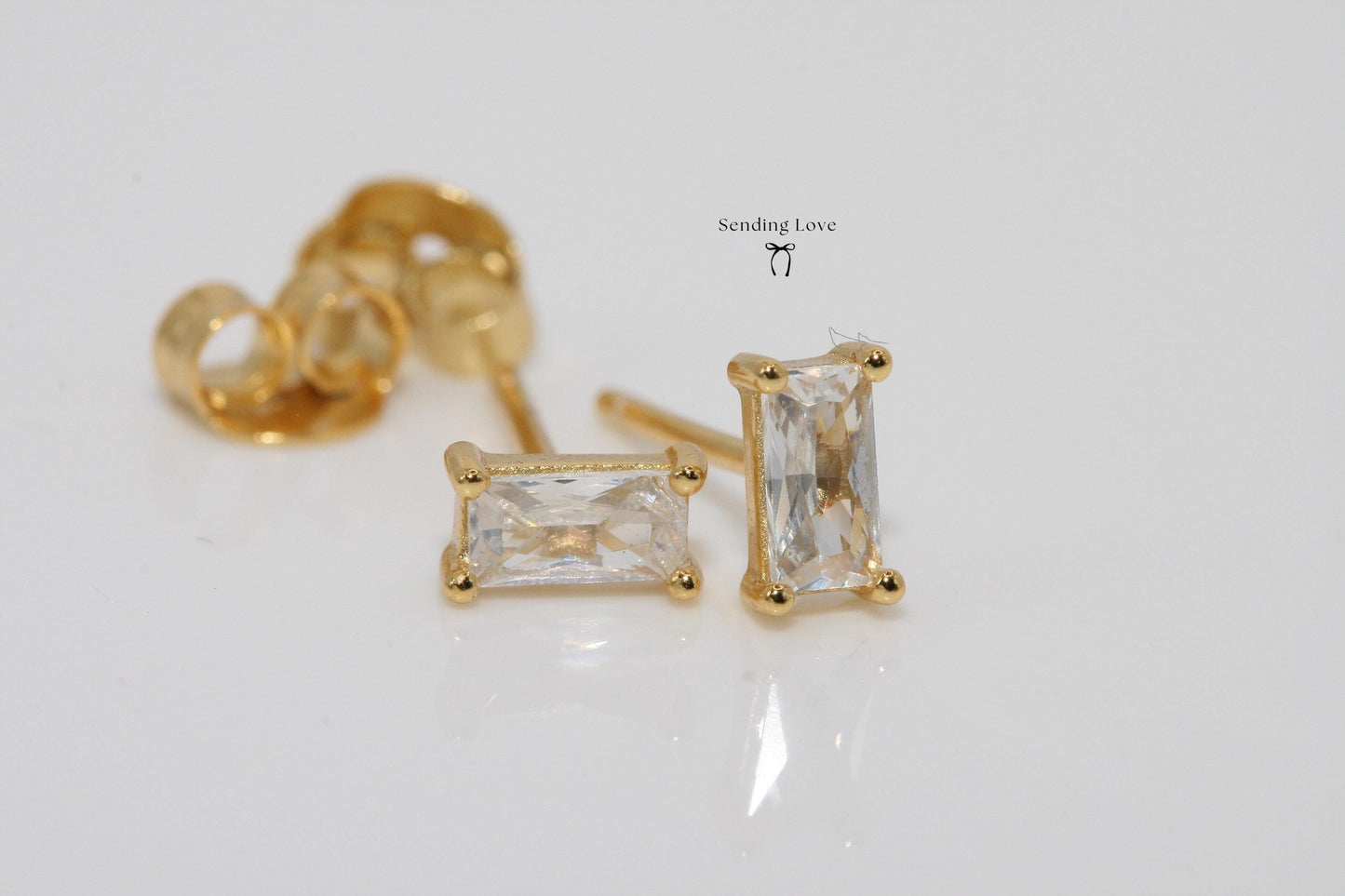 Gold Plated Rectangle Stud Earrings: 925 Silver Base, Cubic Zirconia