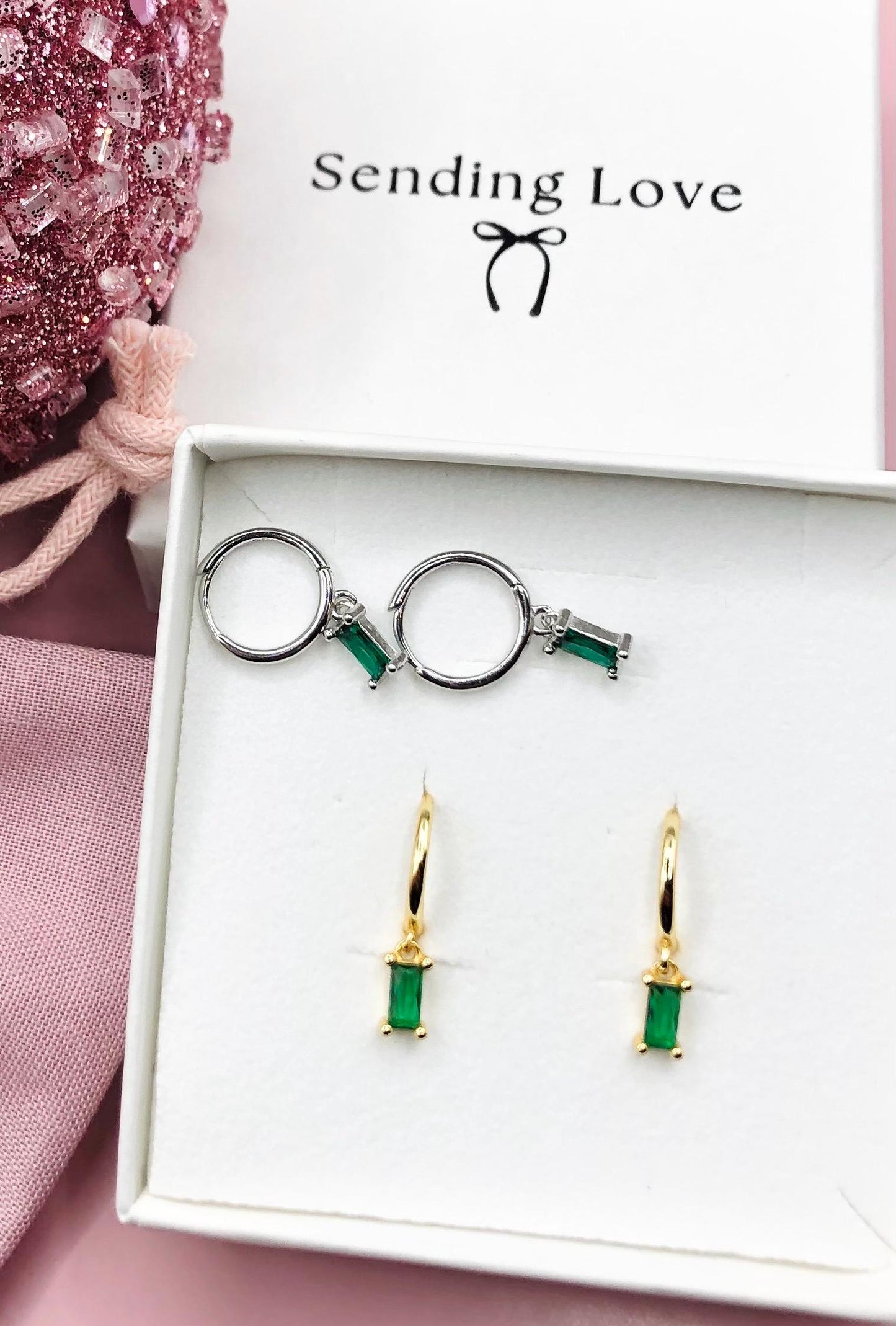 Gold Emerald Hoop Earrings – Green Gemstone Hoops – Dainty Drop Earrings – Bridesmaid Gift – Christmas Jewellery Gift for Her