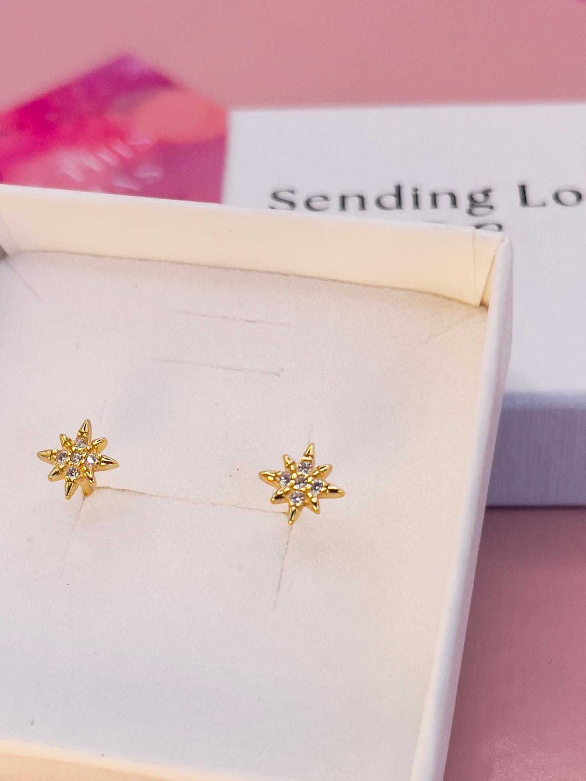 Gold Starburst Stud Earrings | Dainty CZ Earrings | Christmas Stocking Filler Gift | Secret Santa Jewellery | Everyday Gold Earrings