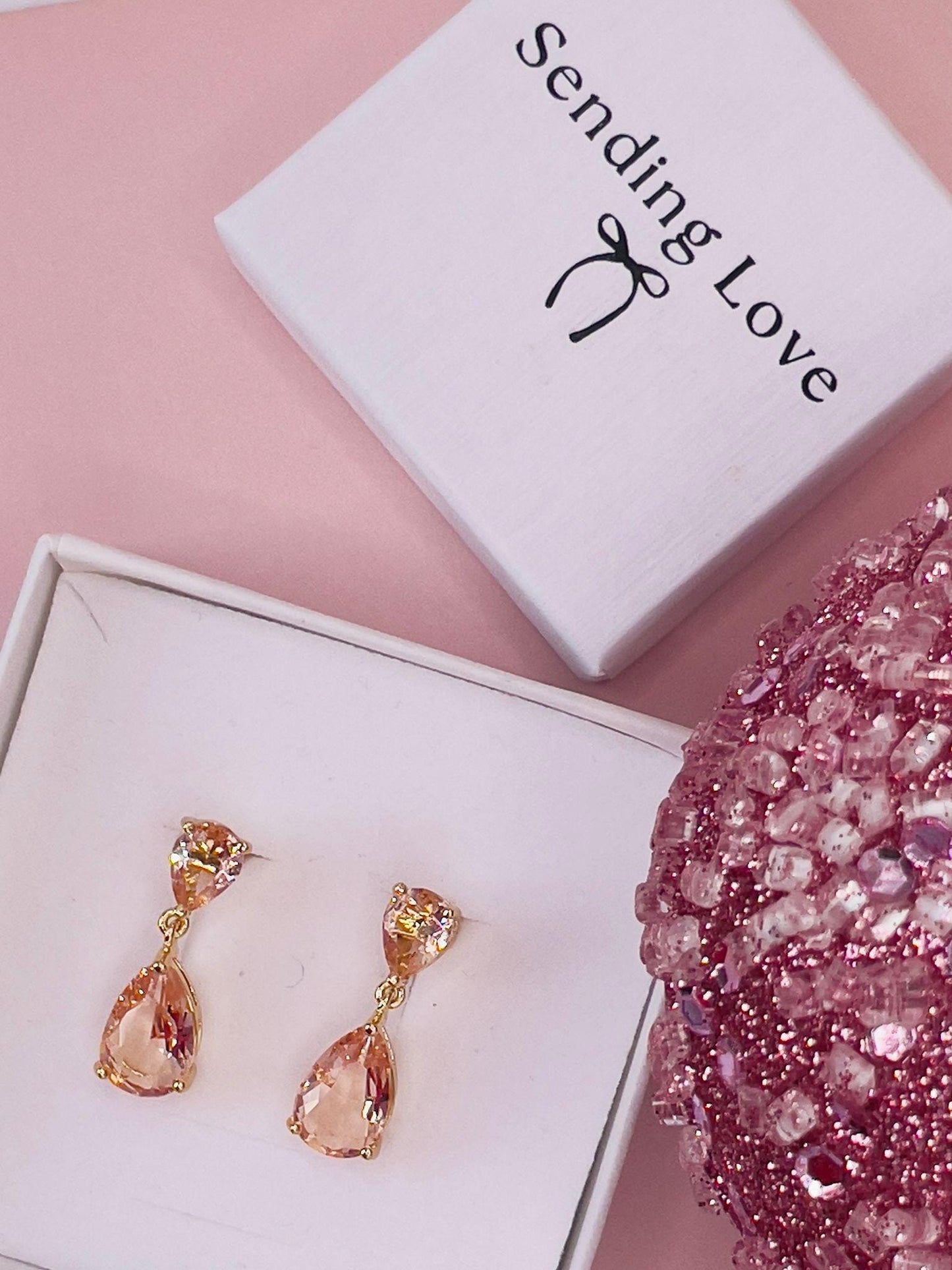 Blush Teardrop Earrings | Gold Plated Dangle Earrings | Winter Wedding Jewellery | Christmas Party Earrings | Romantic Gift for Her Under 25