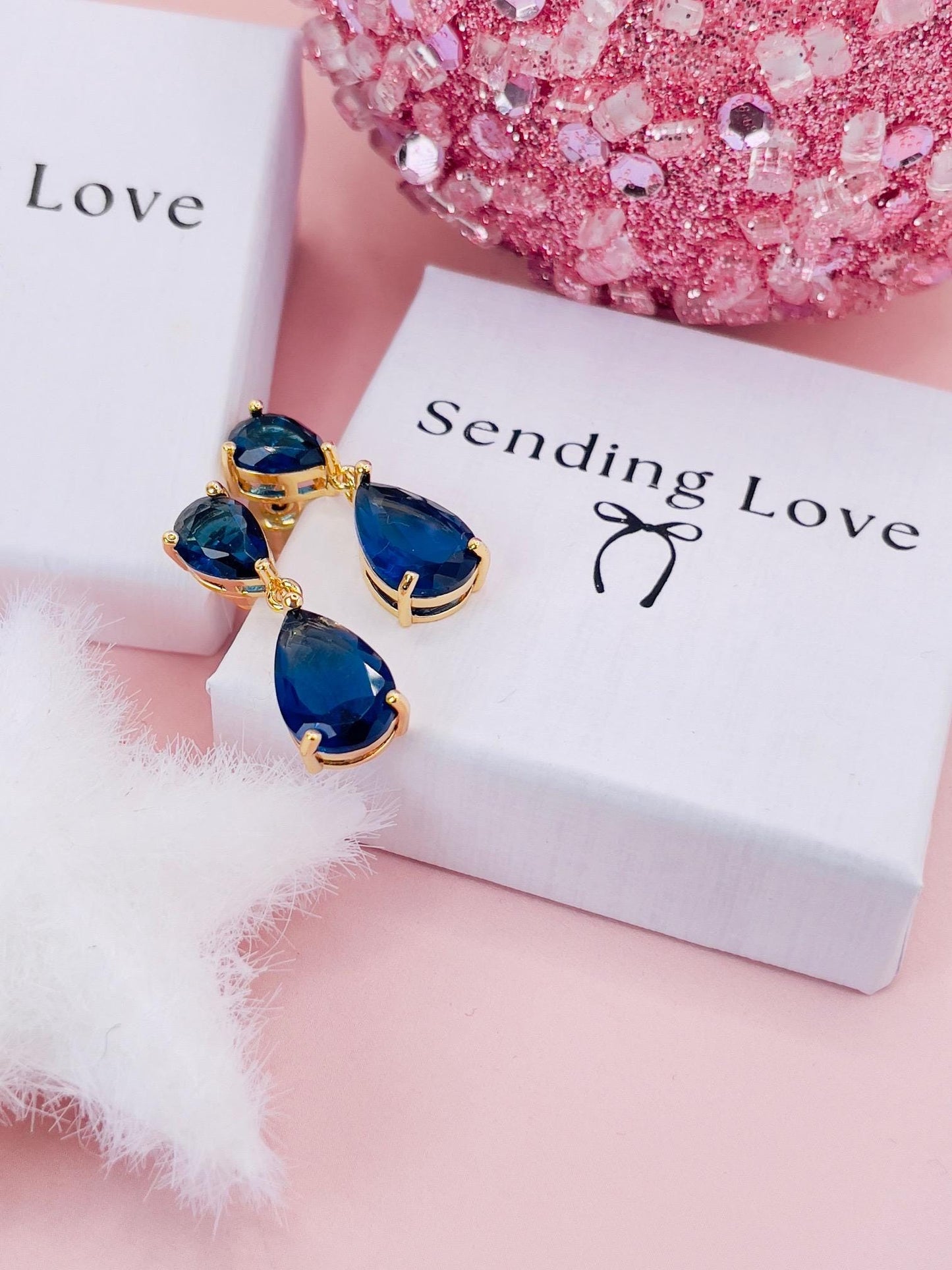 Sapphire Teardrop Earrings | Gold Plated Dangle Earrings | Statement Party Jewellery | Christmas Gift for Her | Sparkling Earrings