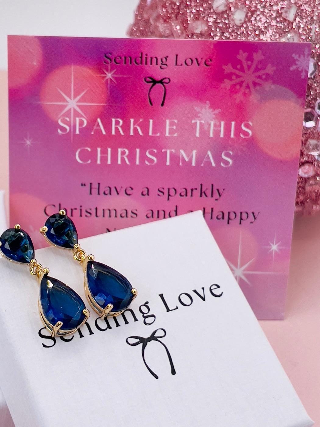 Sapphire Teardrop Earrings | Gold Plated Dangle Earrings | Statement Party Jewellery | Christmas Gift for Her | Sparkling Earrings