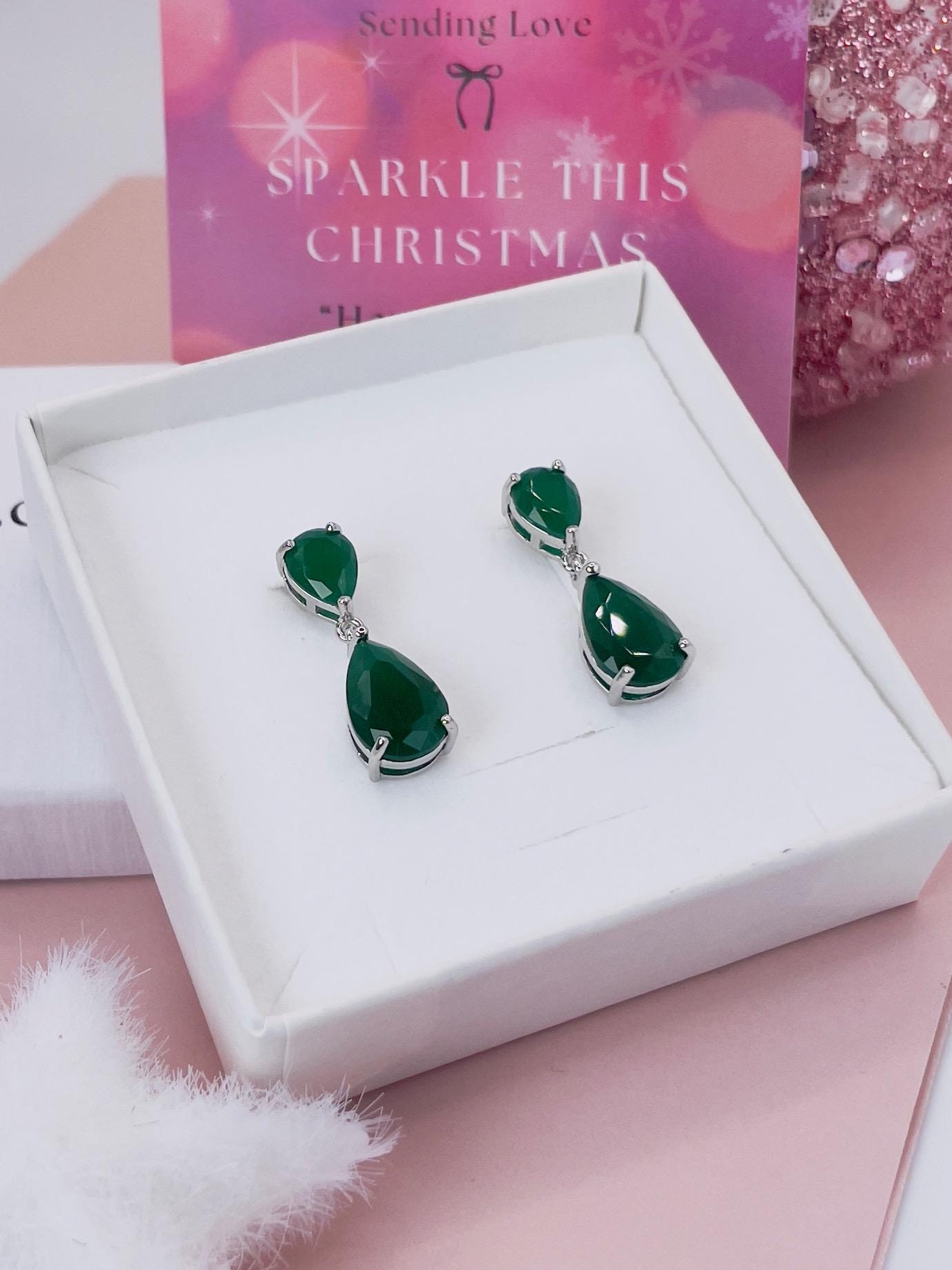 Teardrop Emerald Earrings | Green Dangle Statement Earrings | Christmas Party Jewellery Gift | May Birthstone Earrings