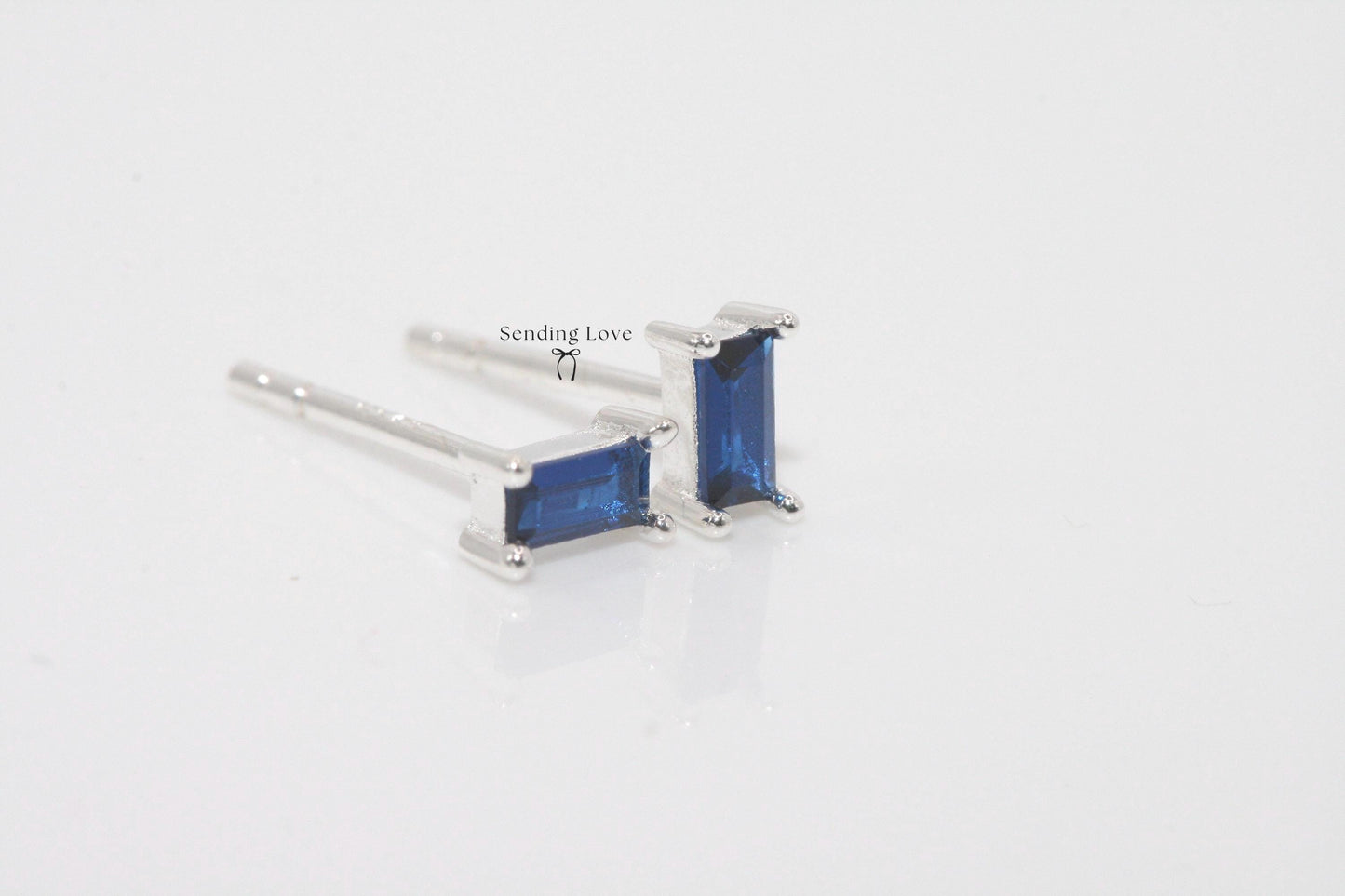 Sapphire 925 Silver Stud Earrings: Dainty Rectangle Design