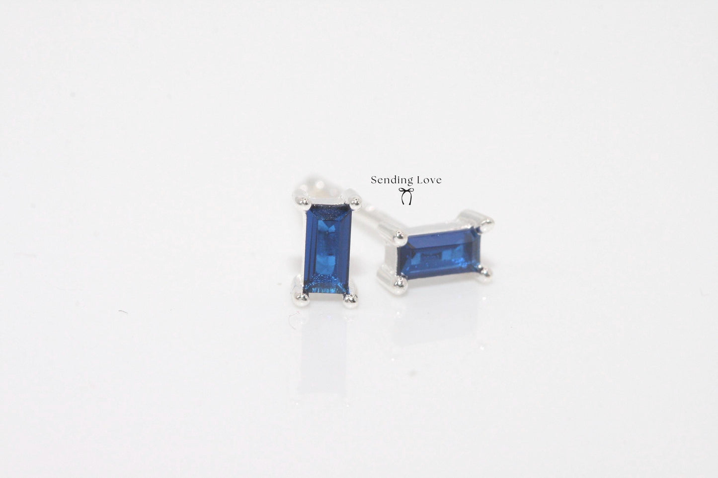 Sapphire 925 Silver Stud Earrings: Dainty Rectangle Design