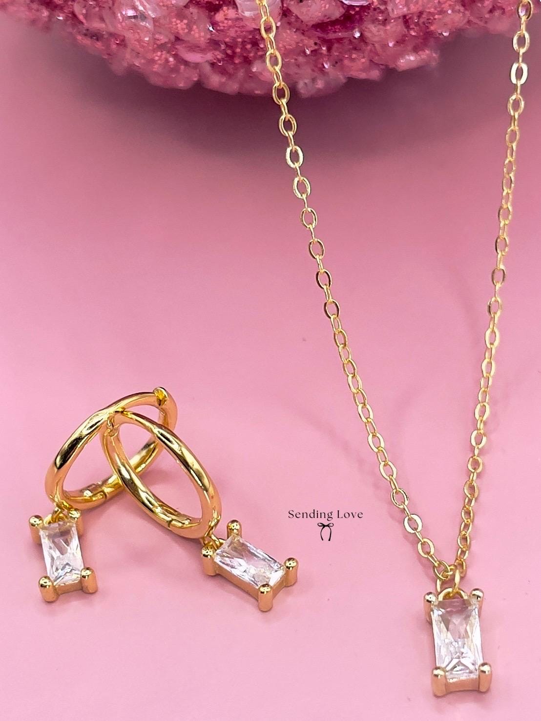 Gold Necklace and Earrings Set: Cubic Zirconia Bridesmaid Jewelry