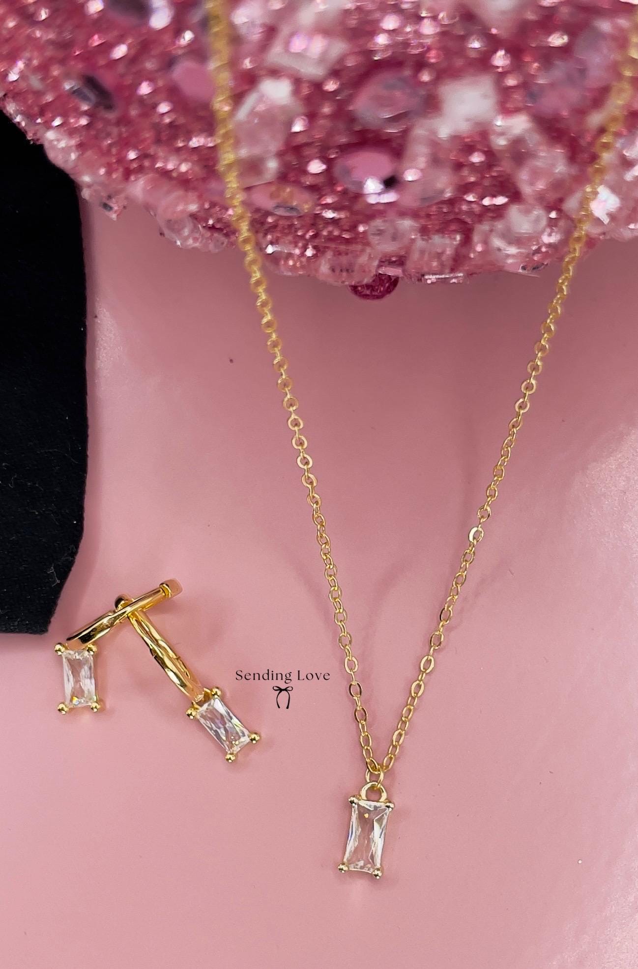 Gold Necklace and Earrings Set: Cubic Zirconia Bridesmaid Jewelry