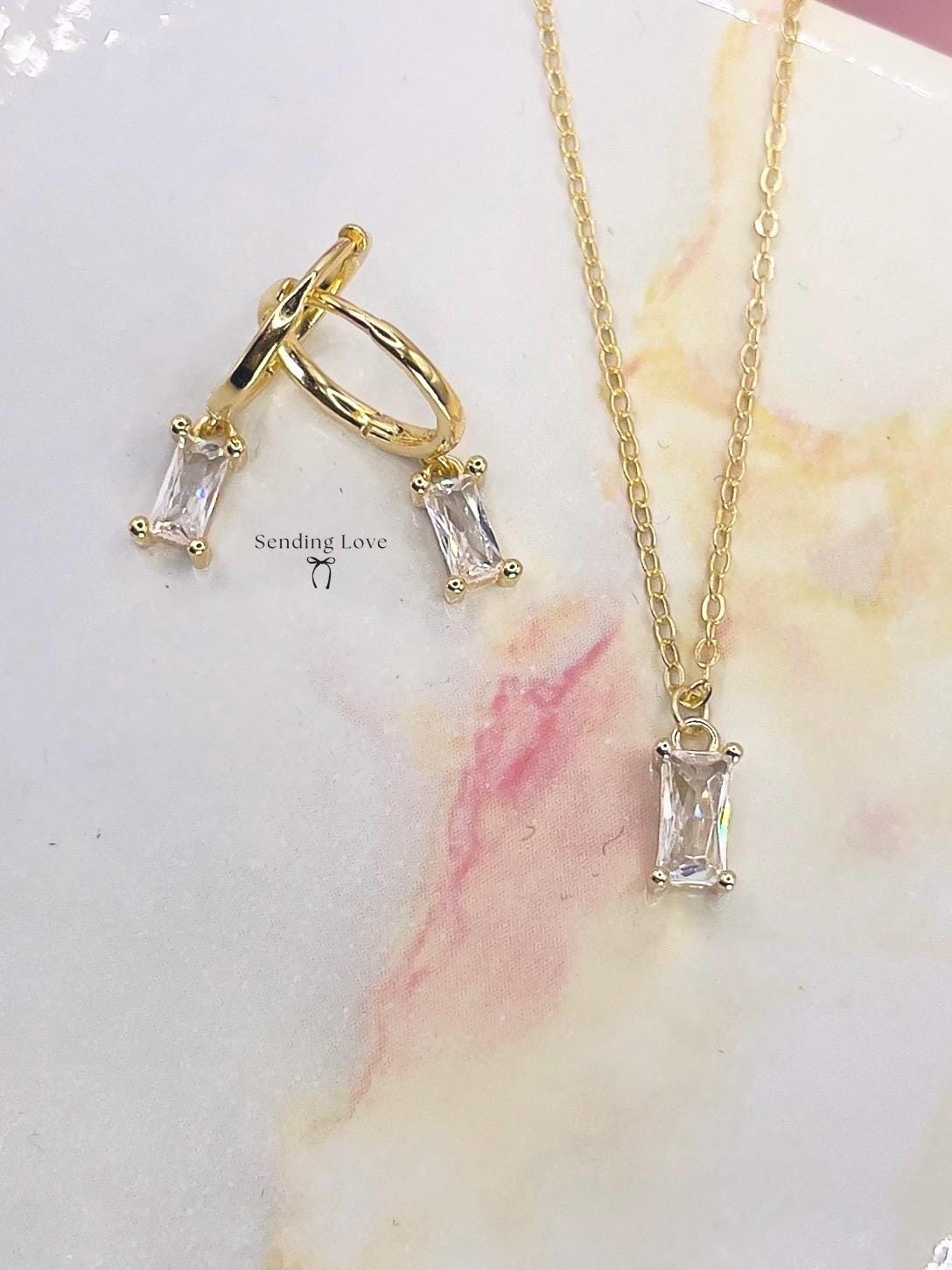 Gold Necklace and Earrings Set: Cubic Zirconia Bridesmaid Jewelry