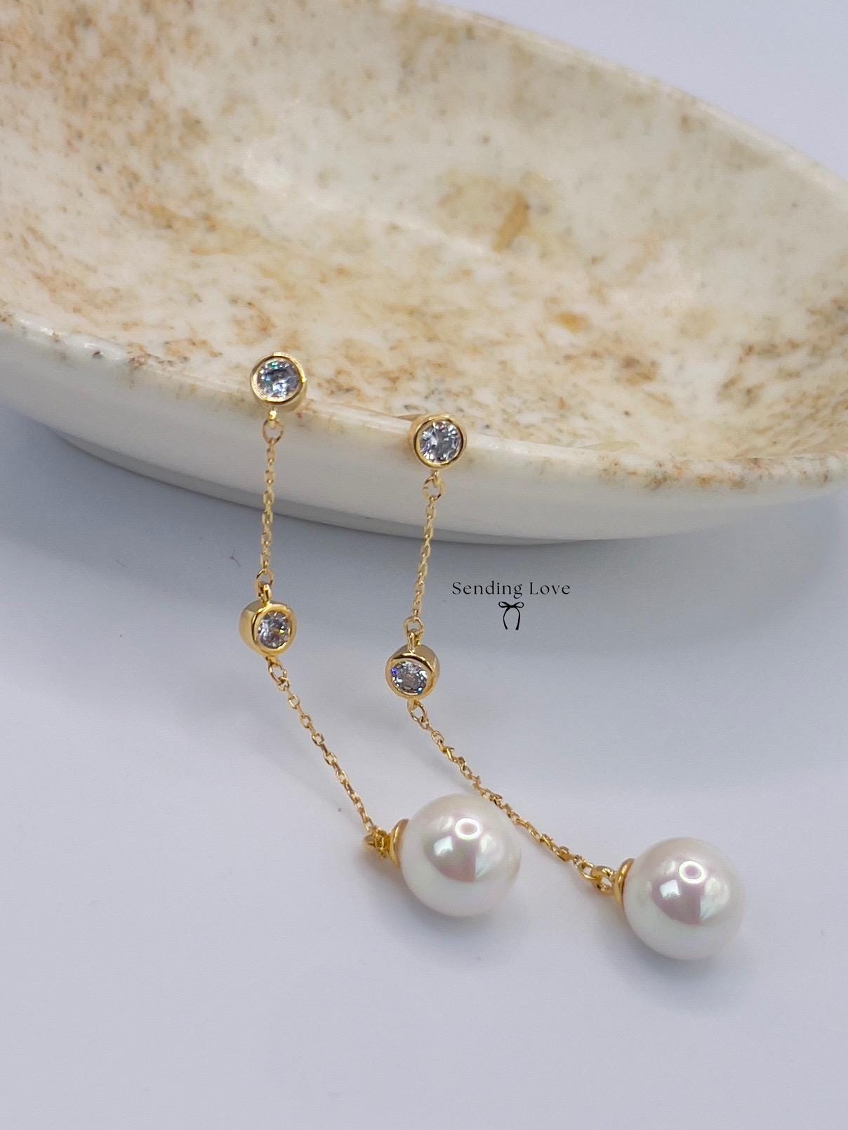 Gold Pearl Drop Earrings: Sterling Silver Bridal Dangle Earrings