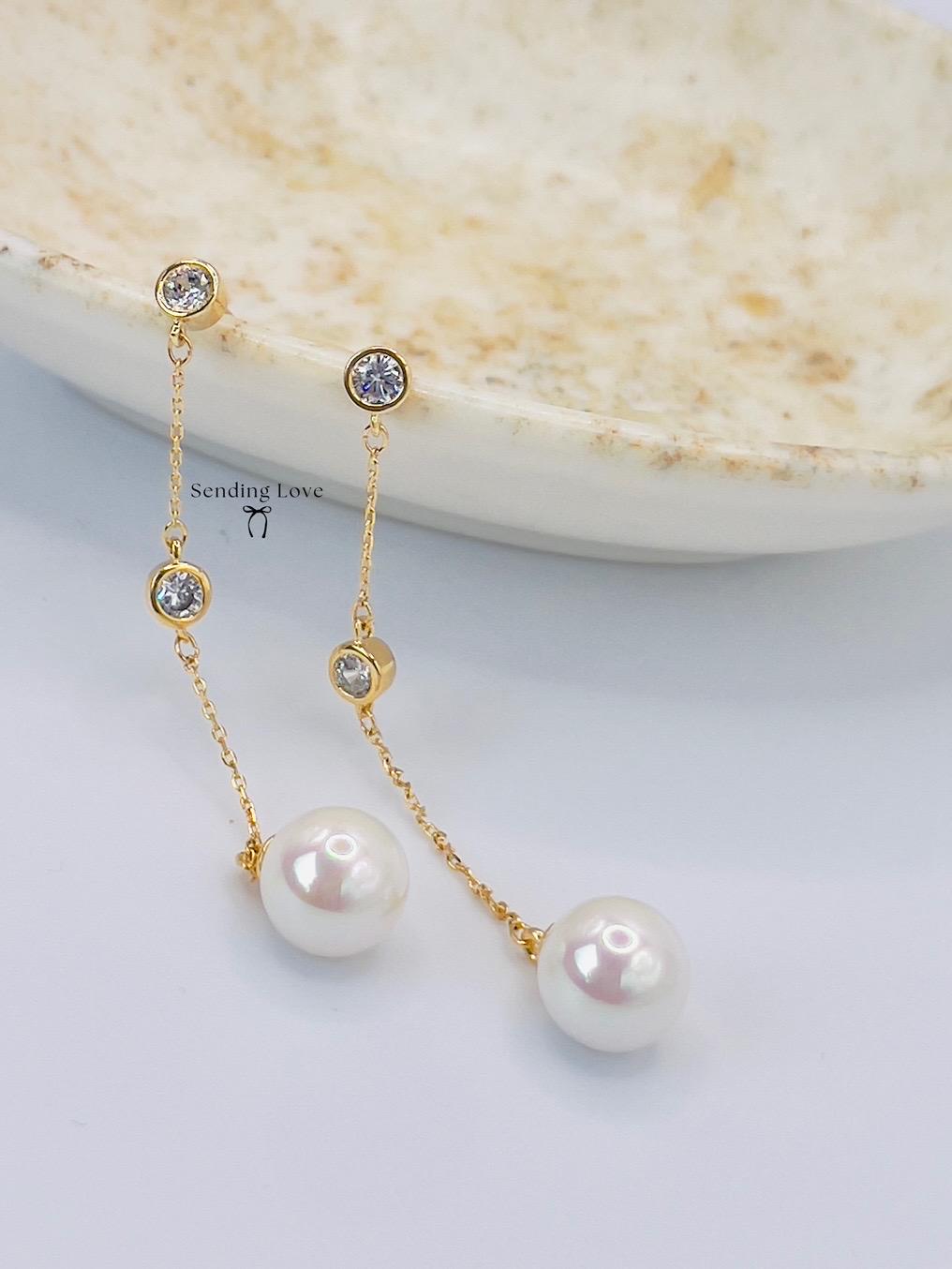Gold Pearl Drop Earrings: Sterling Silver Bridal Dangle Earrings