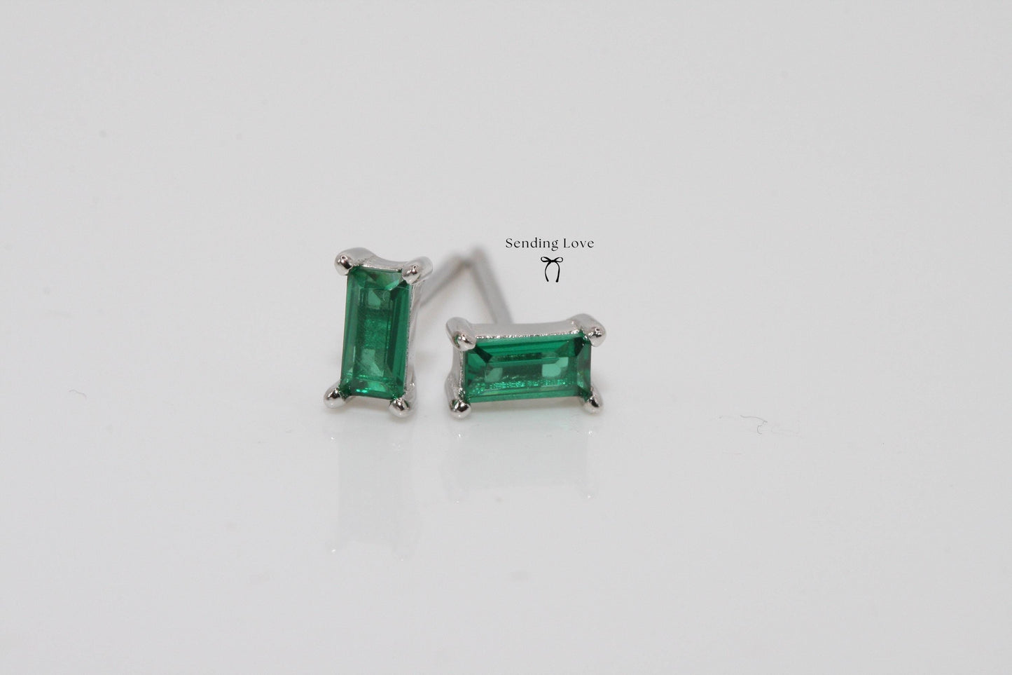 Dainty Emerald Stud Earrings: 925 Silver, 18k Gold Plated