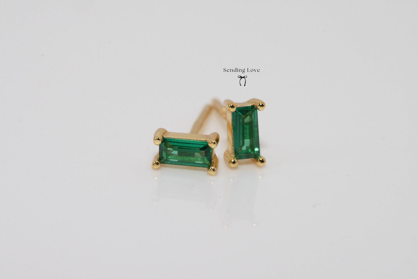 Dainty Emerald Stud Earrings: 925 Silver, 18k Gold Plated