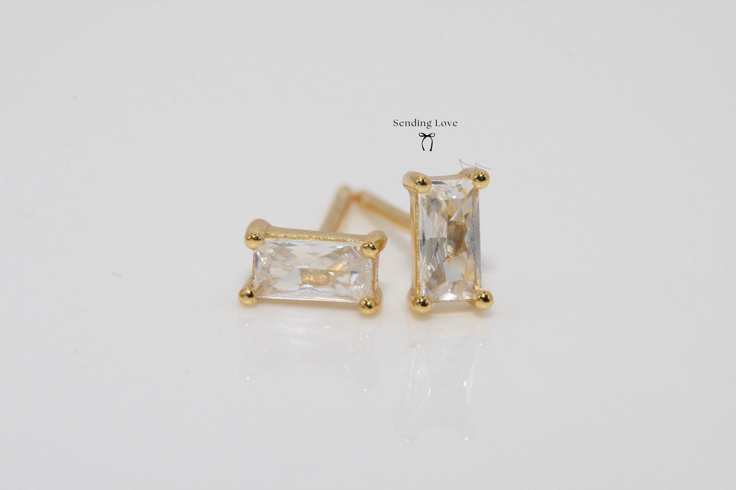 Gold Plated Rectangle Stud Earrings: 925 Silver Base, Cubic Zirconia