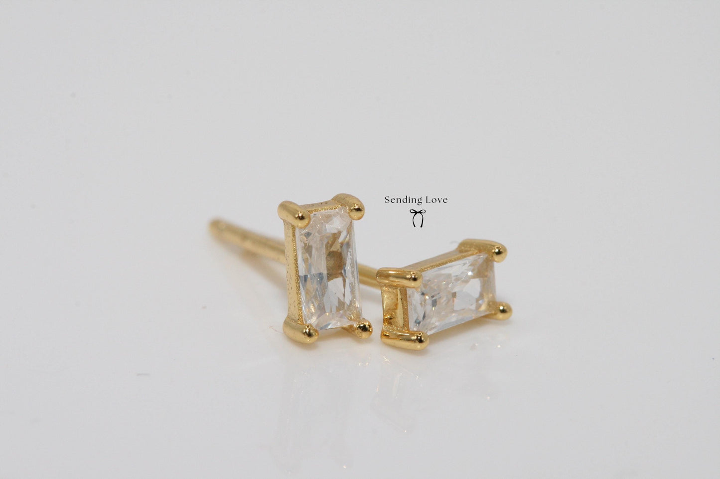 Gold Plated Rectangle Stud Earrings: 925 Silver Base, Cubic Zirconia
