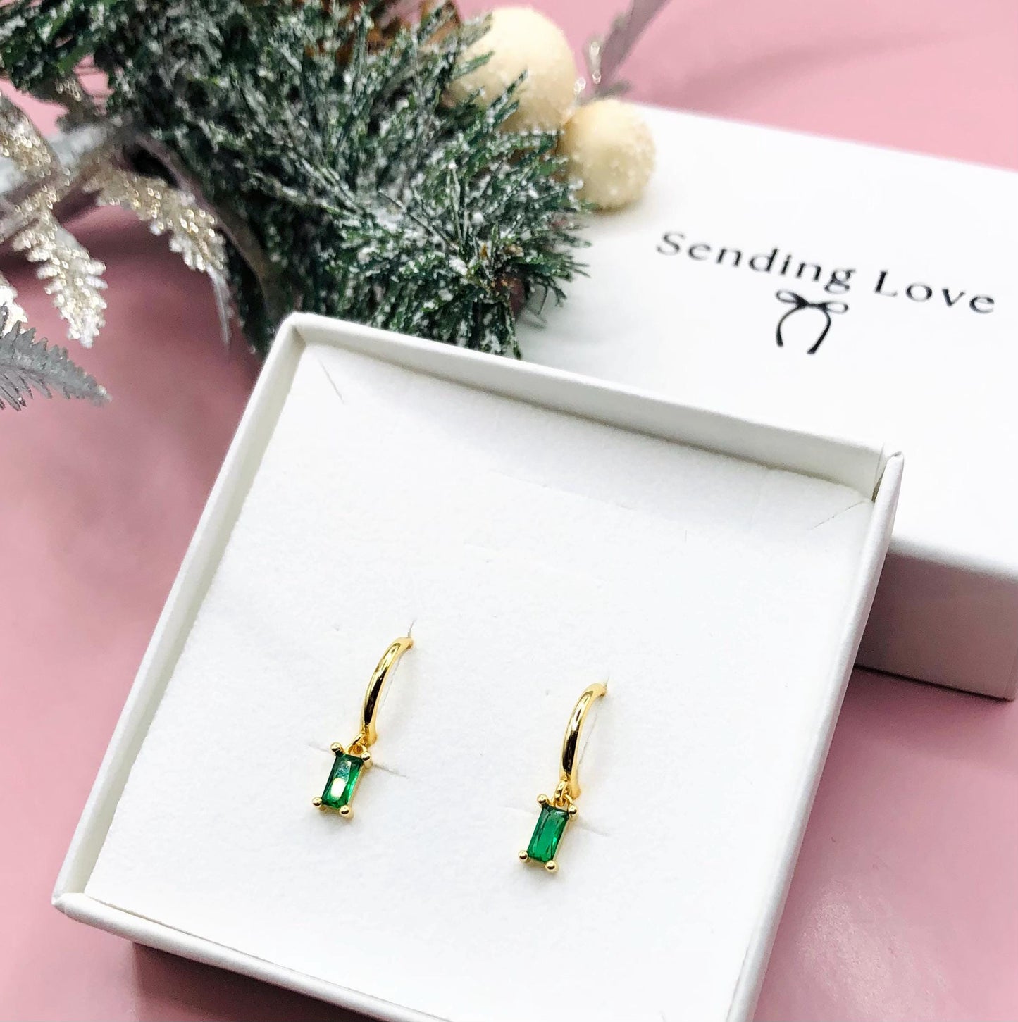 Gold Emerald Hoop Earrings – Green Gemstone Hoops – Dainty Drop Earrings – Bridesmaid Gift – Christmas Jewellery Gift for Her