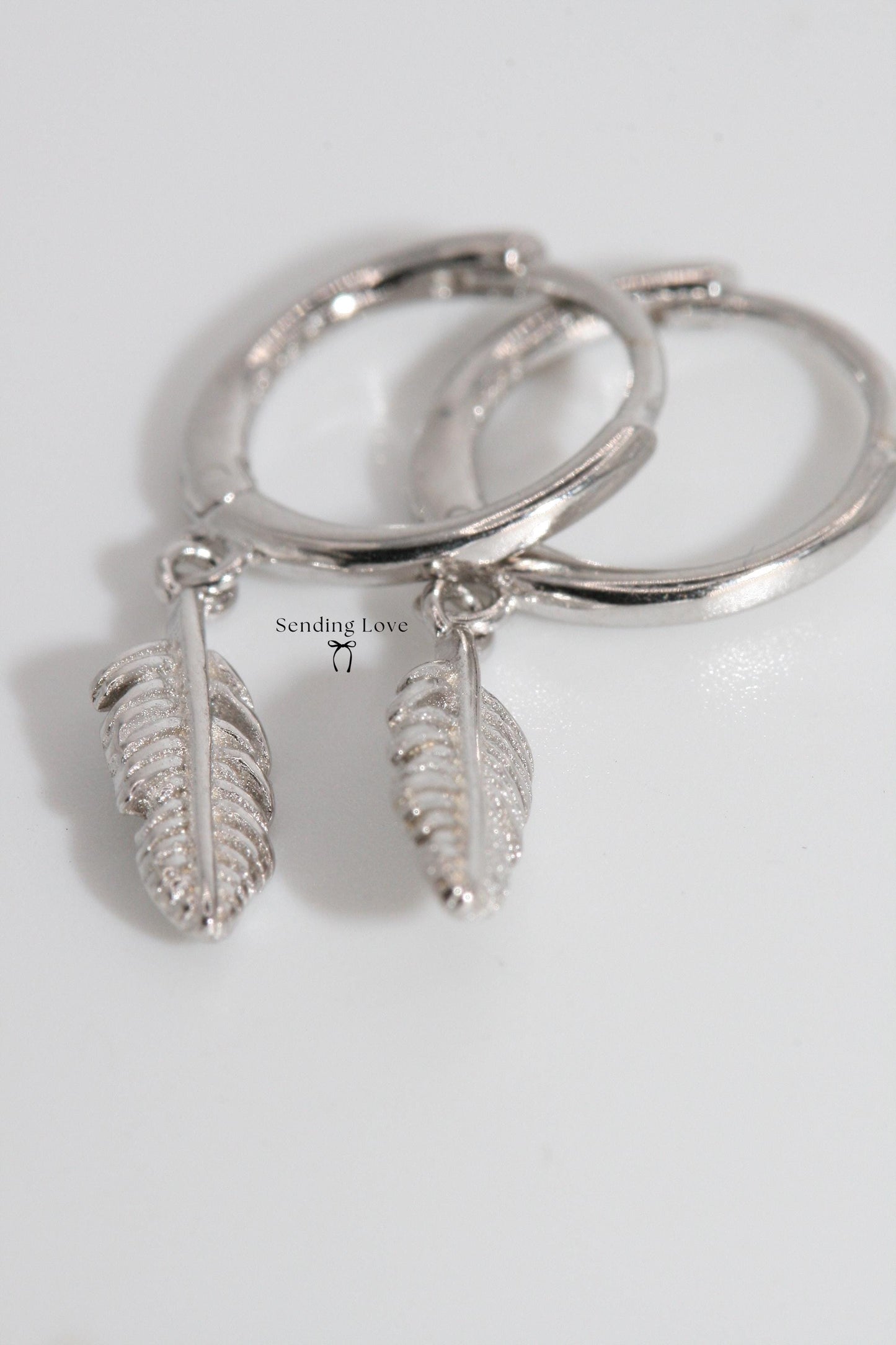 Feather Dangle Huggie Hoop Earrings: 925 Sterling Silver, Boho Style