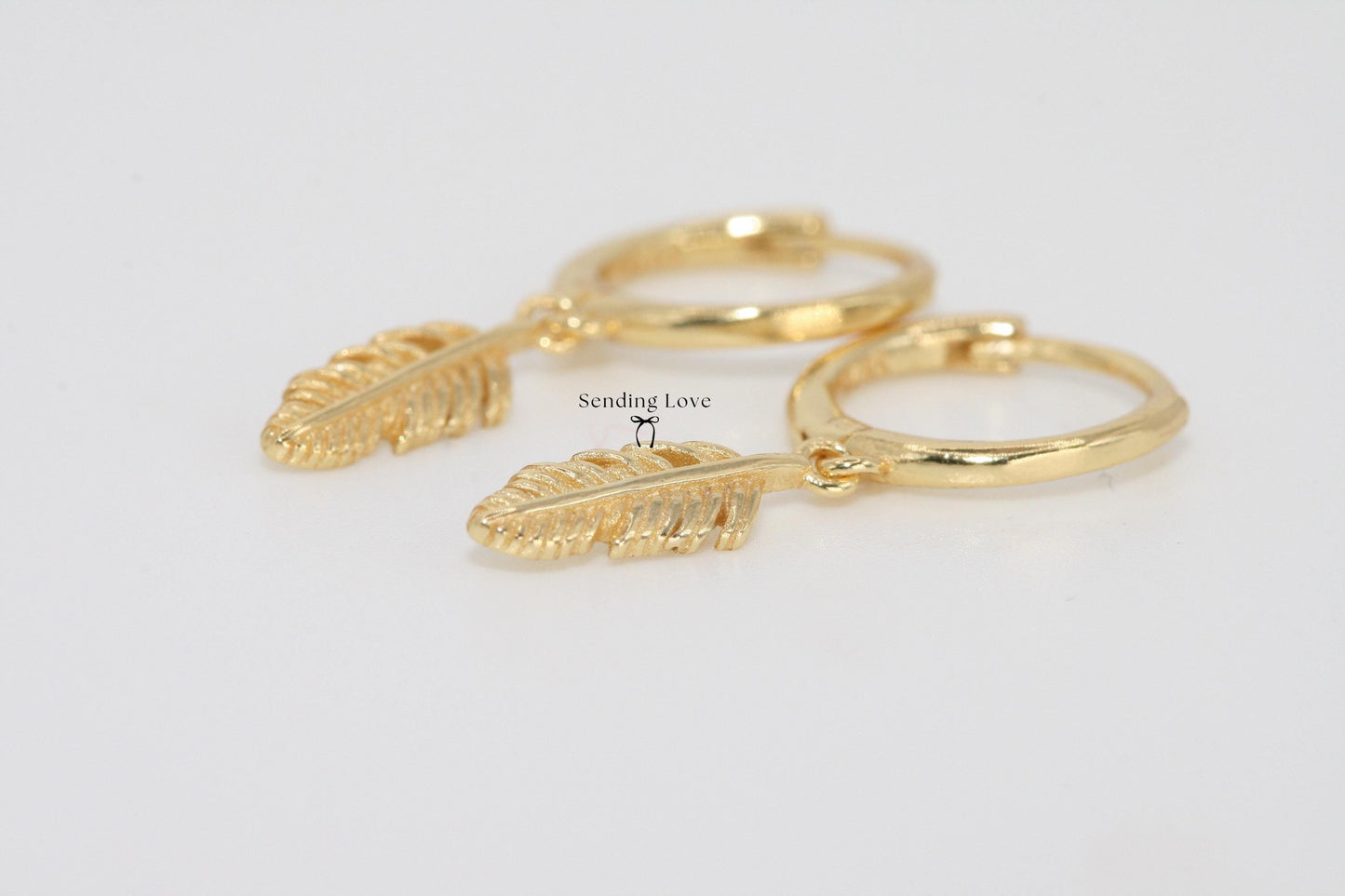 Feather Dangle Huggie Hoop Earrings: 925 Sterling Silver, Boho Style