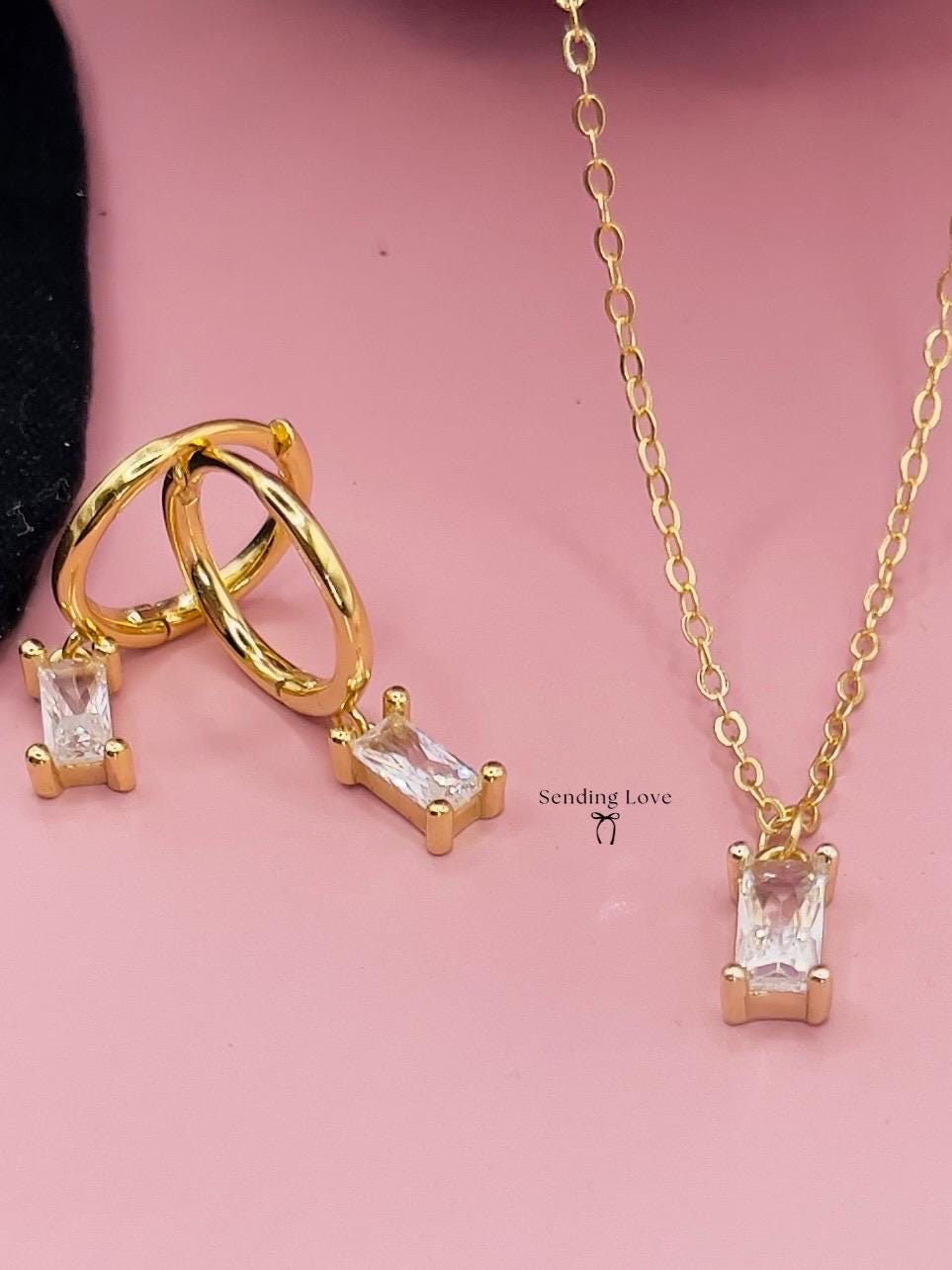 Gold Necklace and Earrings Set: Cubic Zirconia Bridesmaid Jewelry