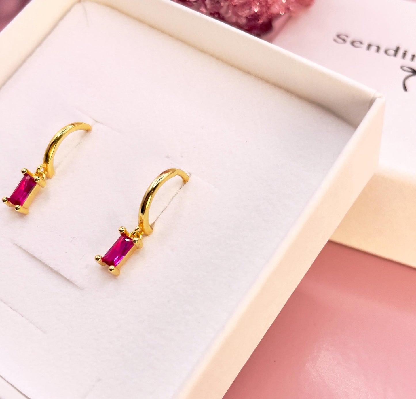 Gold Huggie Hoop Earrings: Pink Gemstone Dangle, Sterling Silver