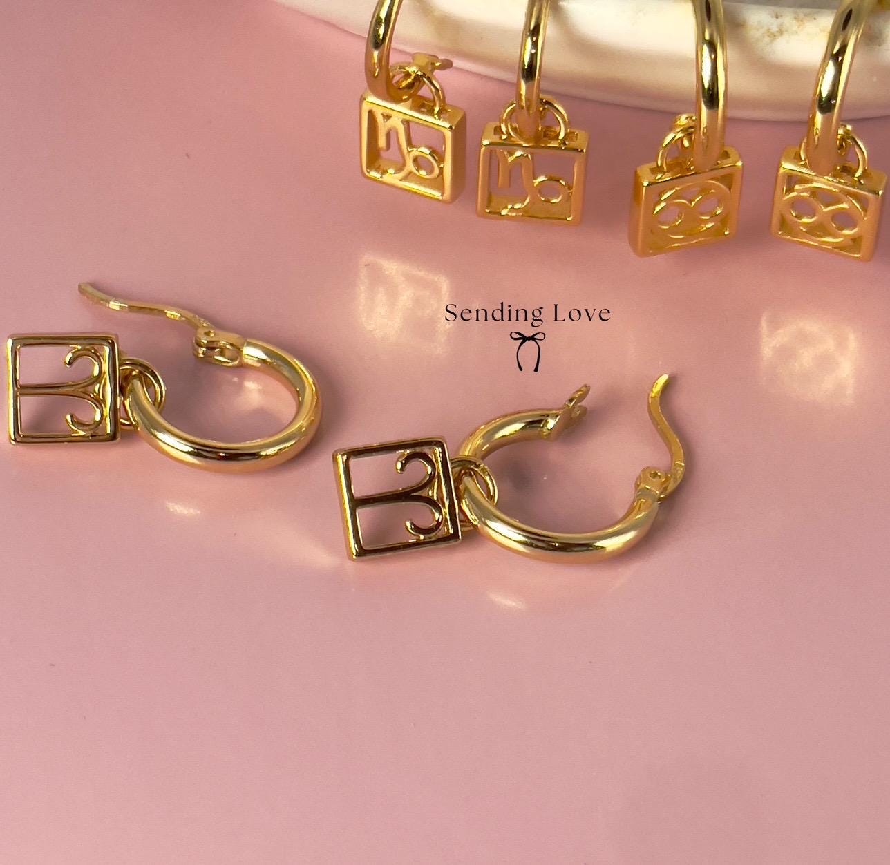 Zodiac Hoop Earrings: Sterling Silver Star Sign Charm