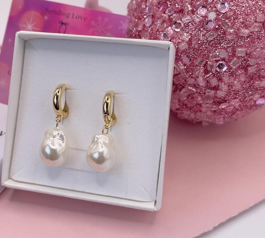 Gold Hoop Pearl Drop Earrings: Sterling Silver Post
