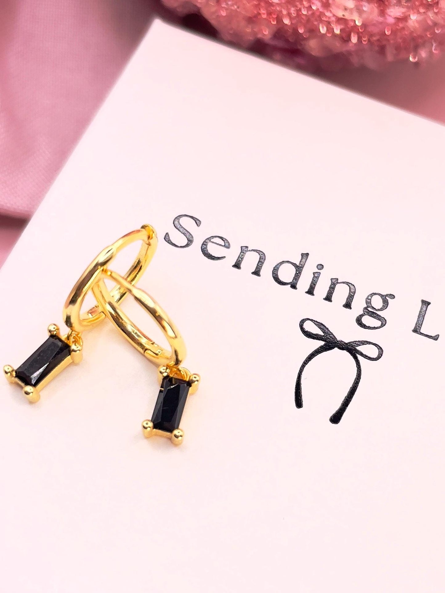 Gold Huggie Hoop Earrings: Black Onyx Dangle, 925 Sterling Silver