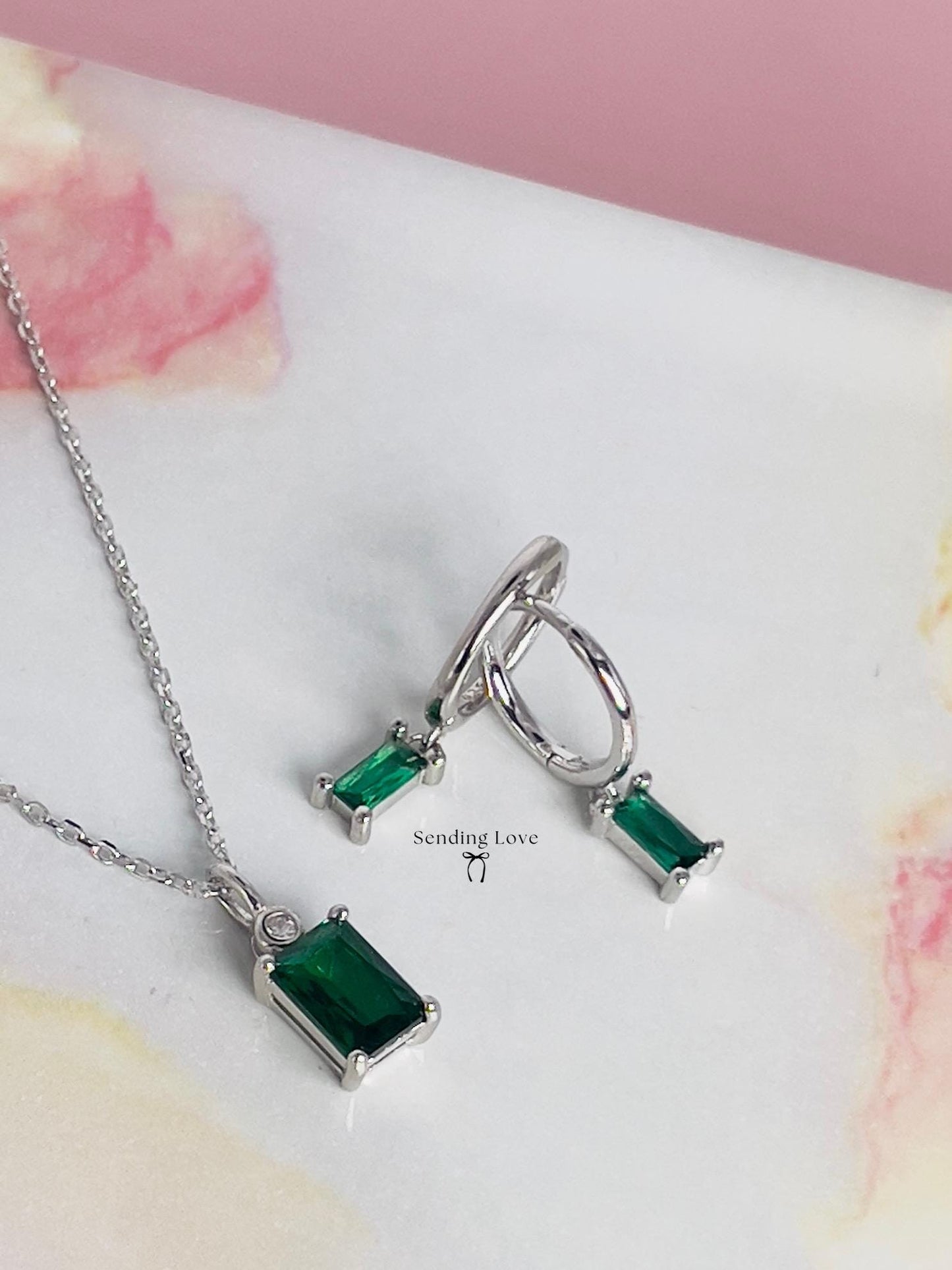 Emerald Jewelry Set: Sterling Silver Necklace and Earrings