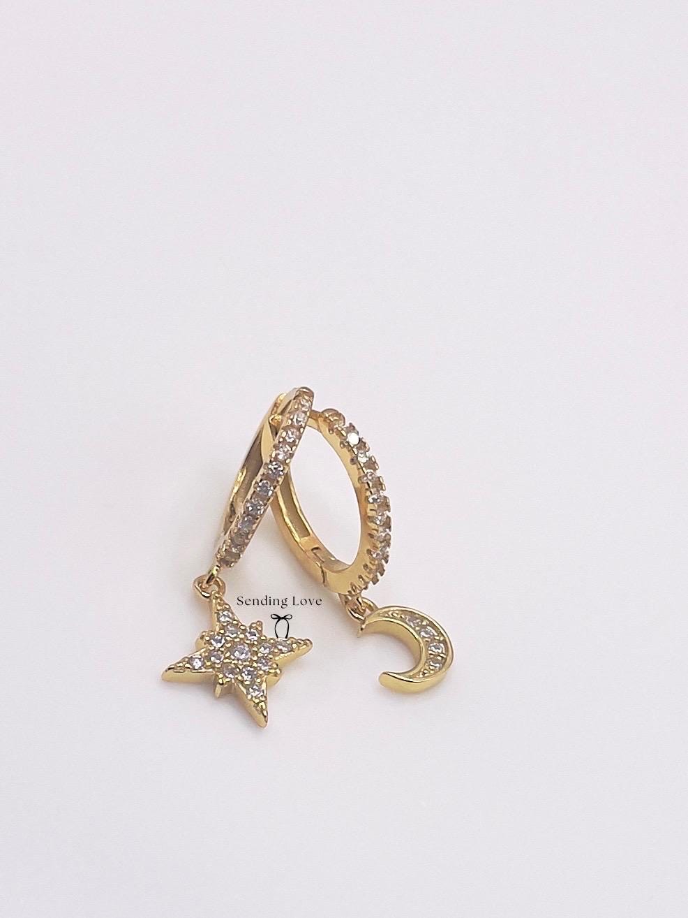Moon and Star Hoop Earrings | Gold Plated 925 Silver Celestial Hoops | Sparkling Cubic Zirconia Earrings | Christmas Gift for Her