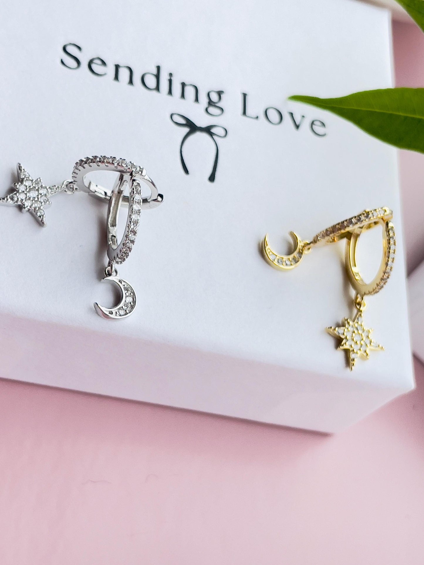 Moon and Star Hoop Earrings | Gold Plated 925 Silver Celestial Hoops | Sparkling Cubic Zirconia Earrings | Christmas Gift for Her