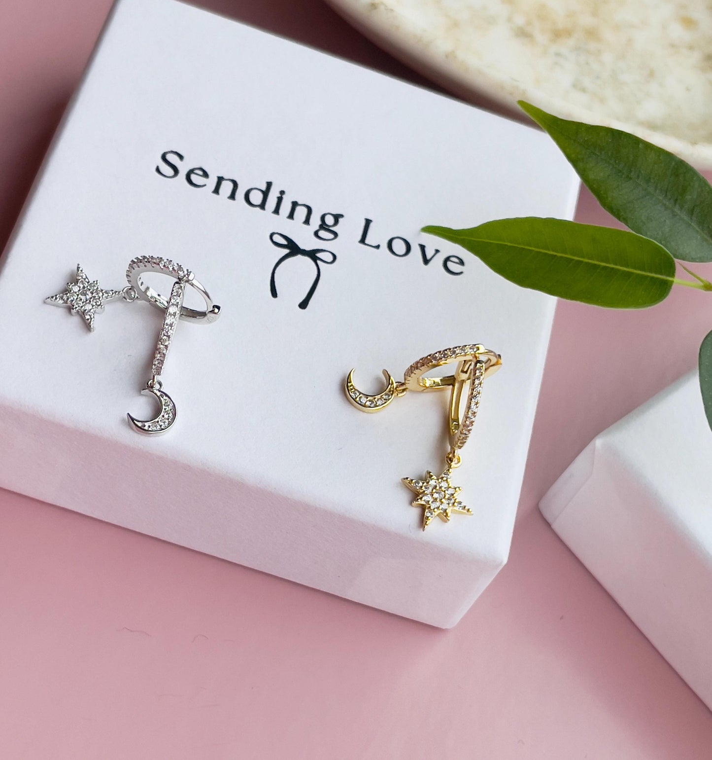 Moon and Star Hoop Earrings | Gold Plated 925 Silver Celestial Hoops | Sparkling Cubic Zirconia Earrings | Christmas Gift for Her