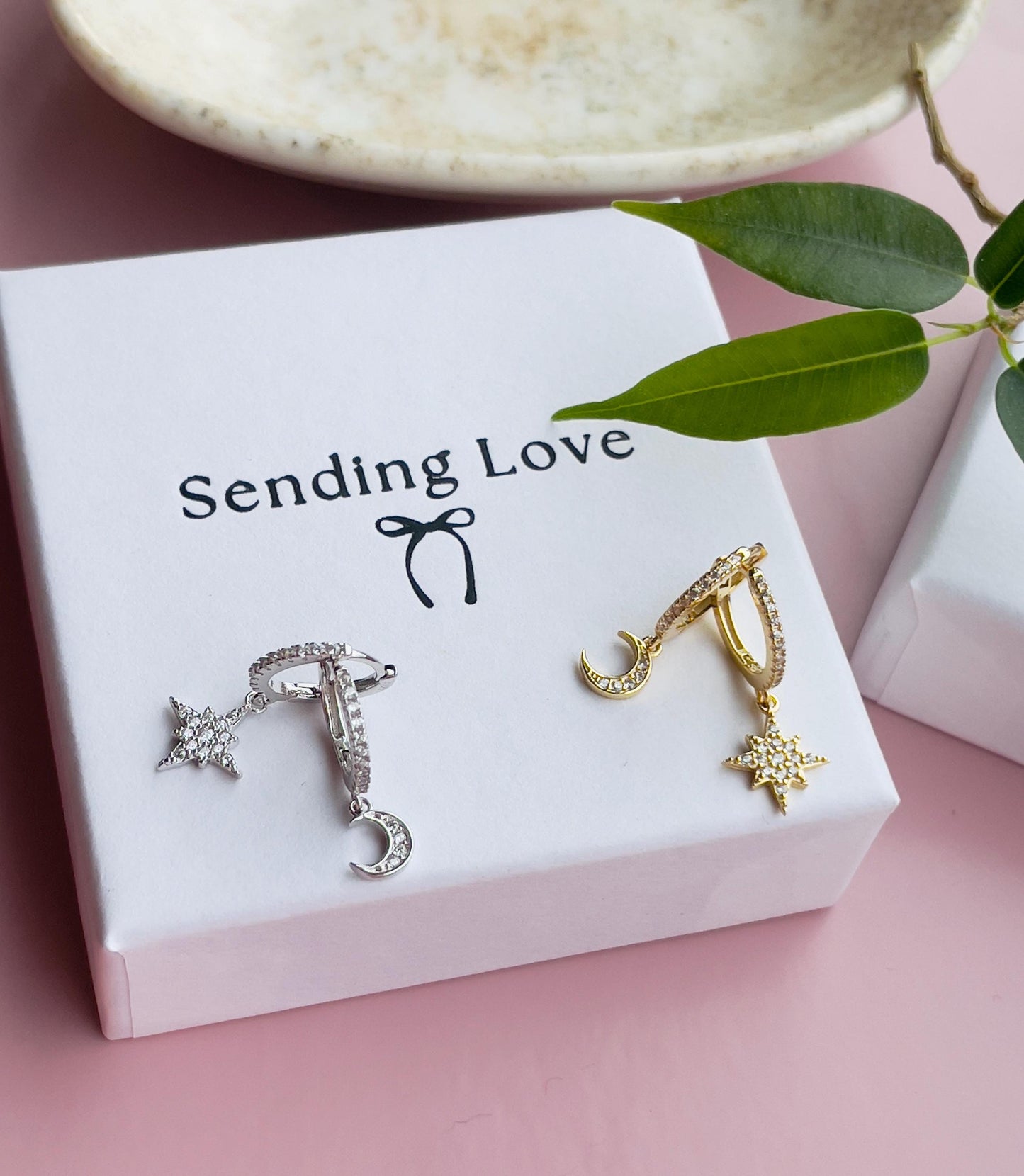 Moon and Star Hoop Earrings | Gold Plated 925 Silver Celestial Hoops | Sparkling Cubic Zirconia Earrings | Christmas Gift for Her