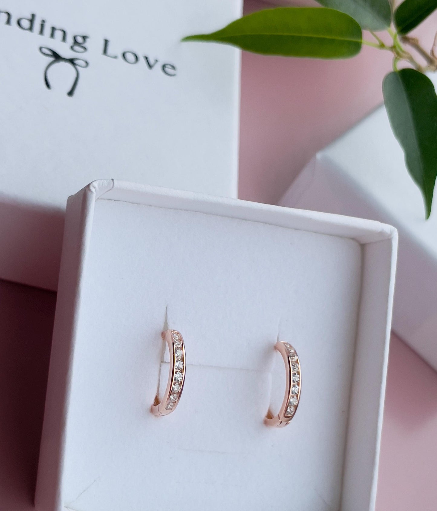 CZ Huggie Hoop Earrings: 925 Sterling Silver, Rose Gold