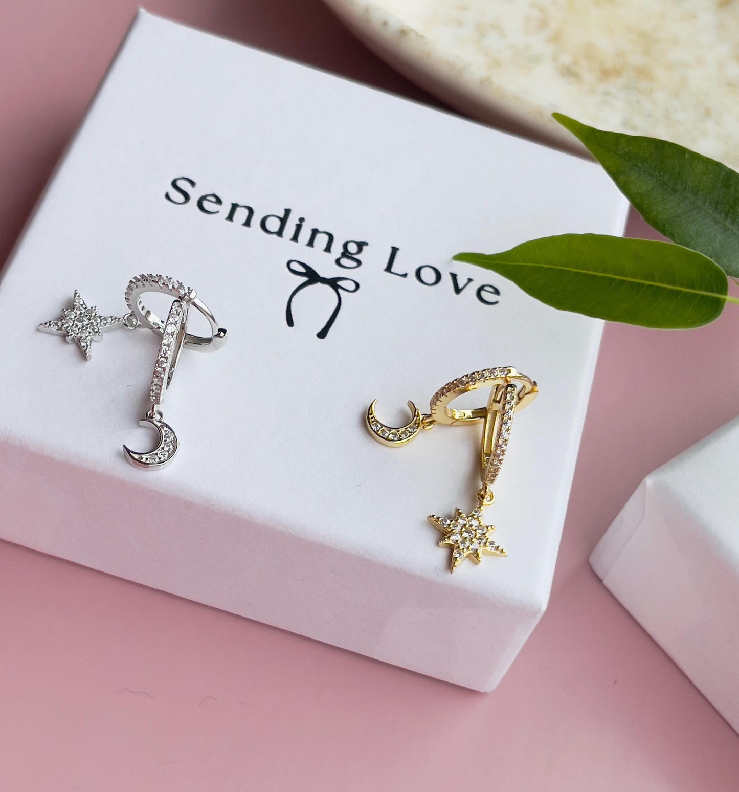 Moon and Star Hoop Earrings | Gold Plated 925 Silver Celestial Hoops | Sparkling Cubic Zirconia Earrings | Christmas Gift for Her