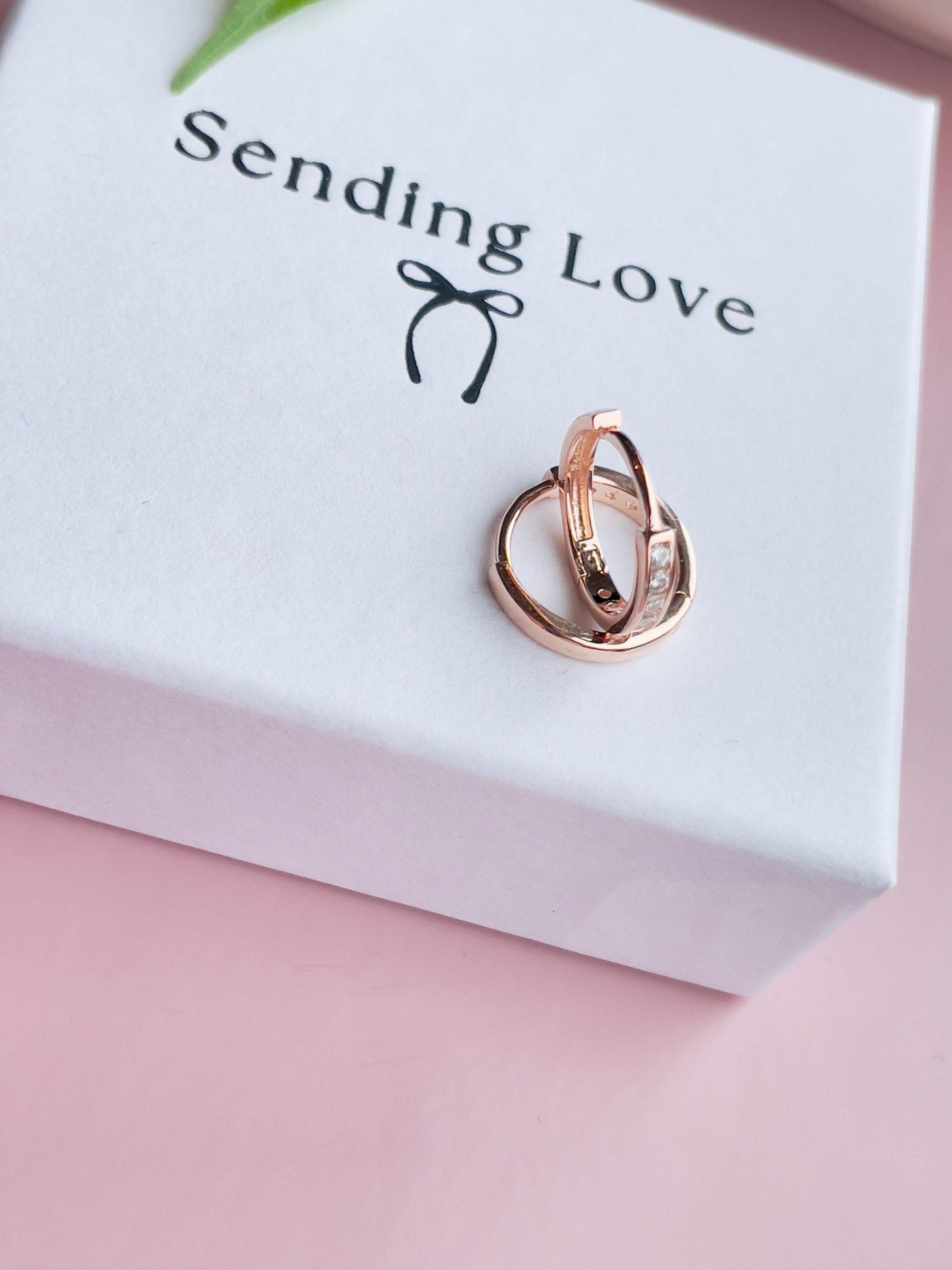 CZ Huggie Hoop Earrings: 925 Sterling Silver, Rose Gold