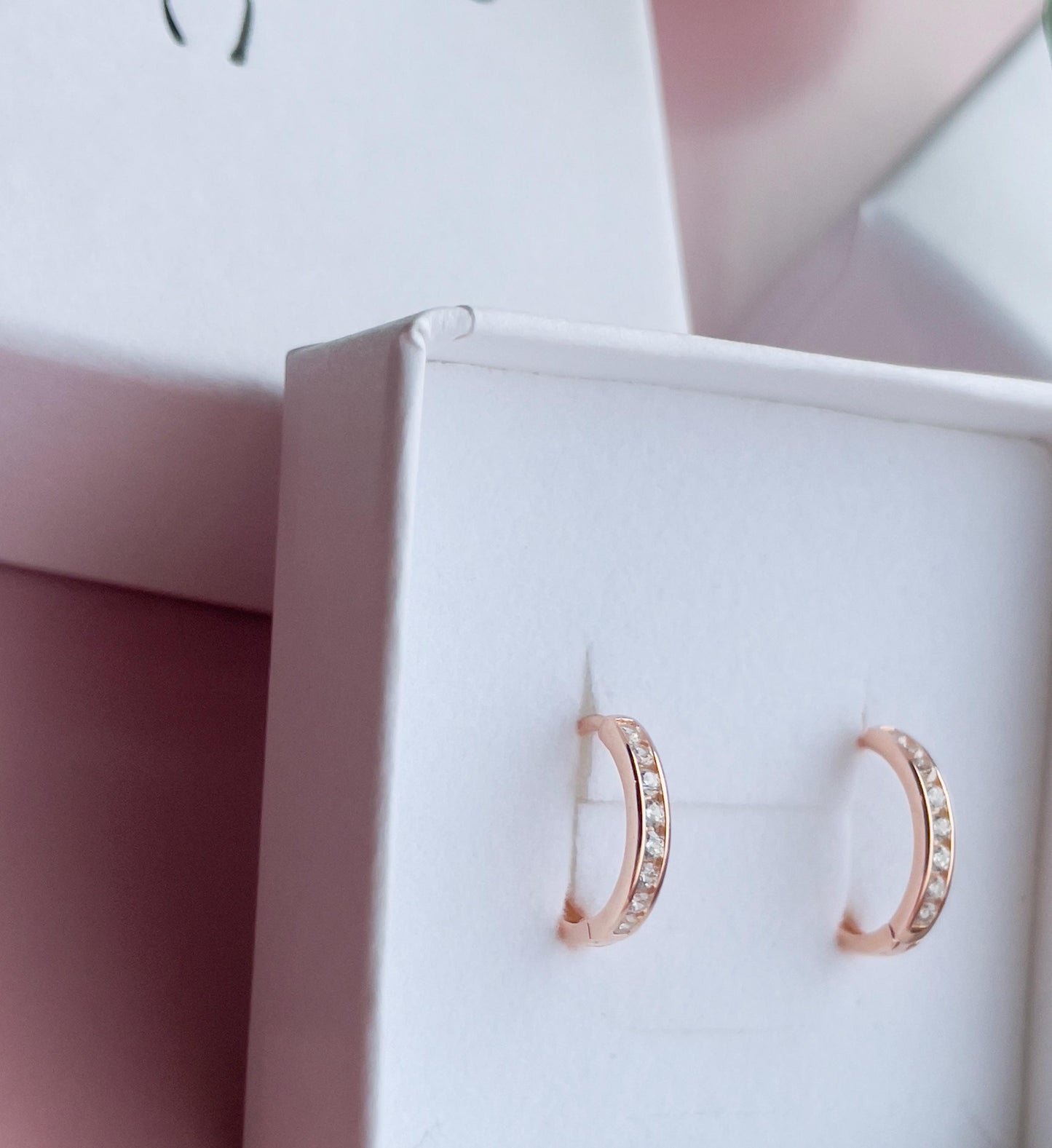 CZ Huggie Hoop Earrings: 925 Sterling Silver, Rose Gold