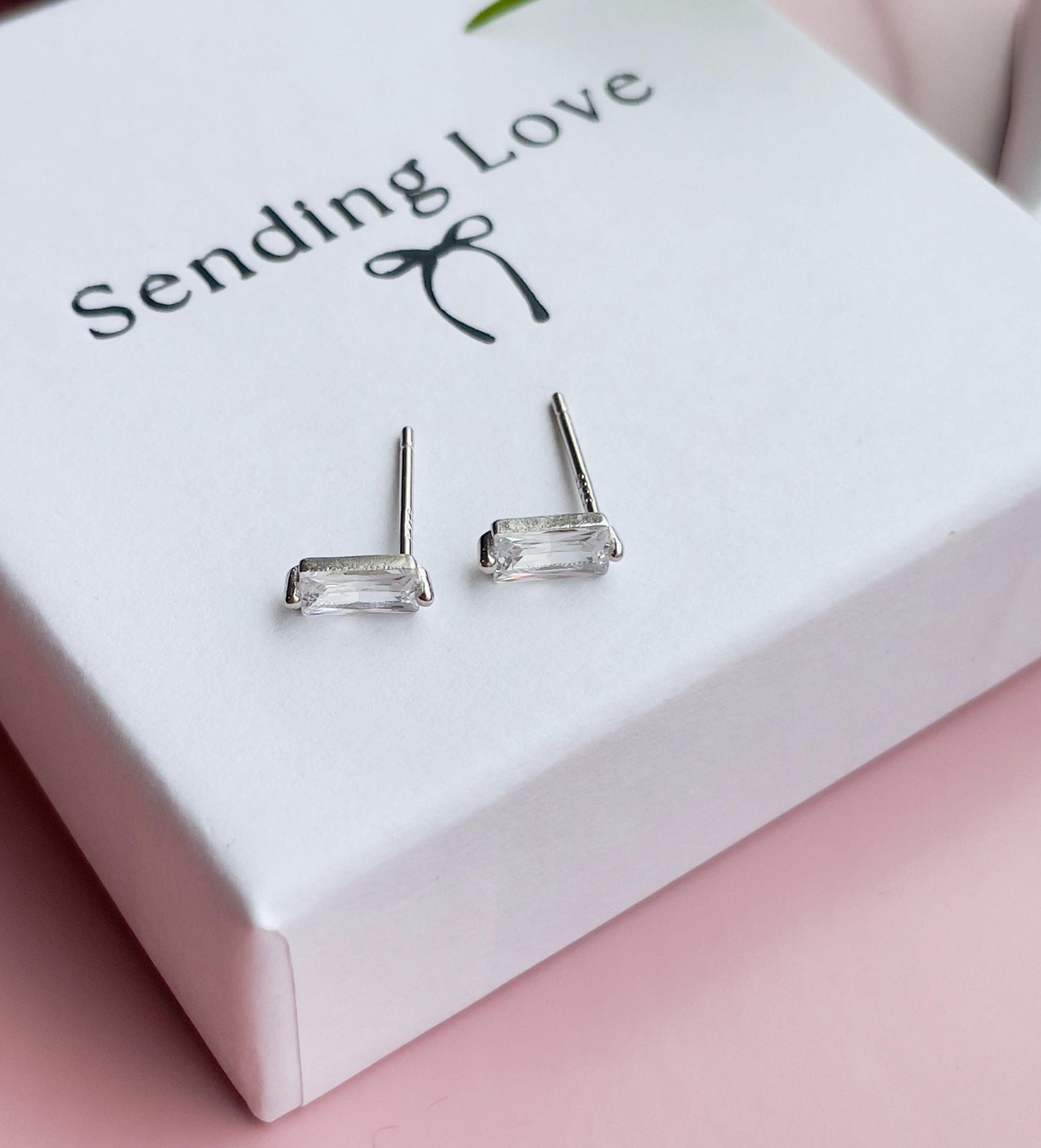 Sterling Silver CZ Baguette Stud Earrings | Minimalist Everyday Jewellery | Sparkly Earrings | Christmas Stocking Filler Gift